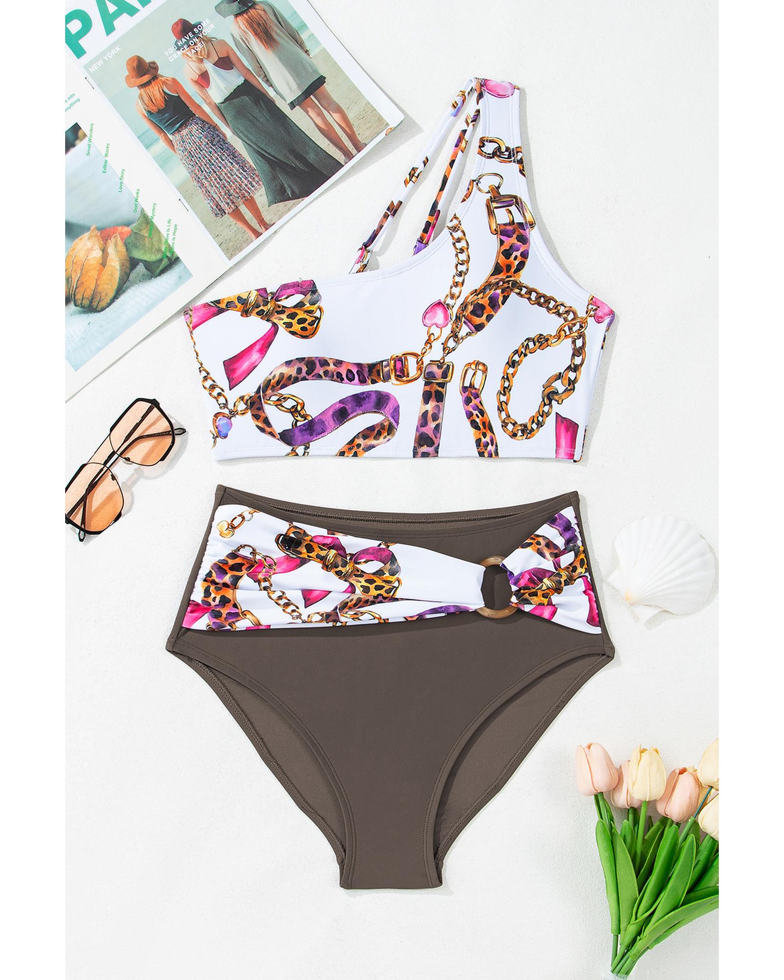 V539-AZEXDC434670-P1620-2XL-202508280950-00 Khaki Abstract Print One Shoulder Ring Linked High Waist Bikini - 2XL - Image 1