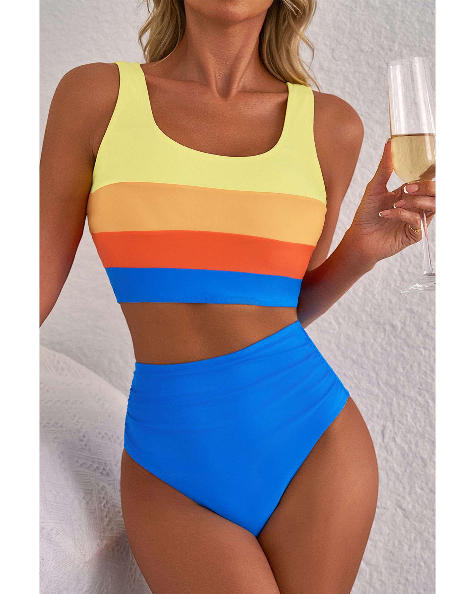 V539-AZEXDC434718-P305-M-202508291555-00 Blue Colorblock Square Neck Top Pleated High Waisted Bikini - M - Image 1