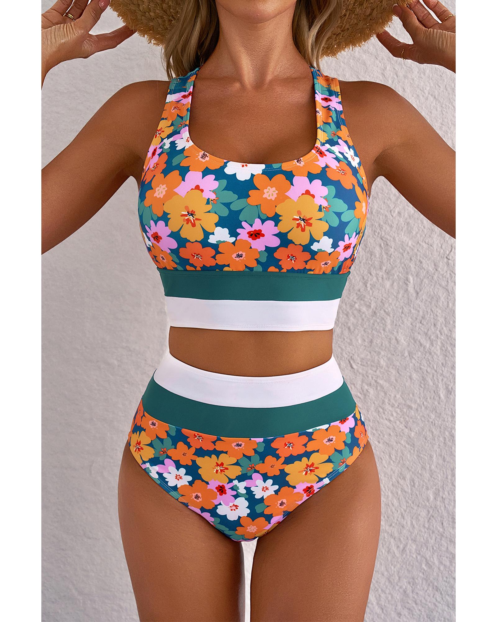 V539-AZEXDC434732-P10920-M-202508292055-00 Green Floral Print Racerback Cutout High Waist 2pcs Bikini - M - Image 1