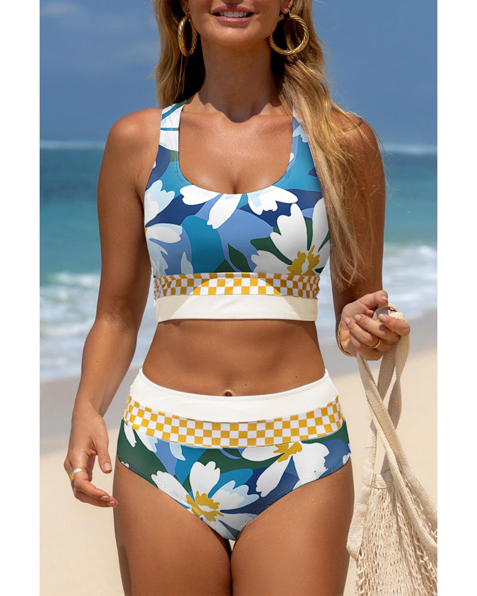 V539-AZEXDC434732-P920-XL-202508300655-00 Green Floral Print Racerback Cutout High Waist 2pcs Bikini - XL - Image 1