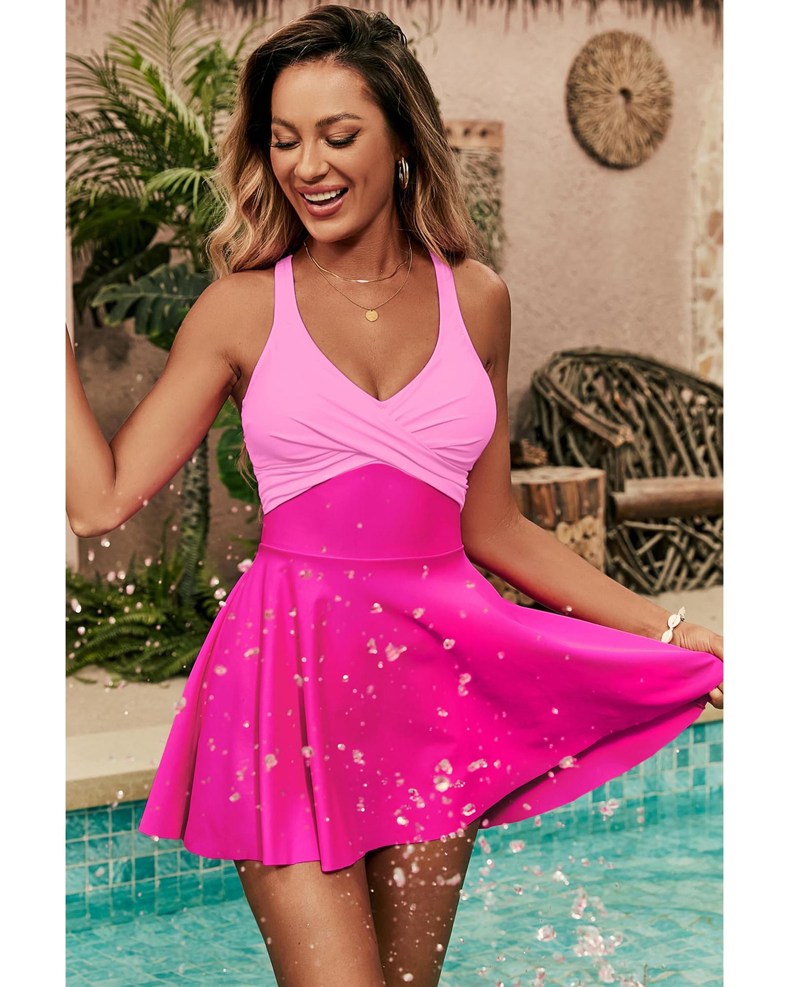 V539-AZEXDC443825-P6-S-202506140747-00 Rose Red Crisscross Straps Tie Back Flared One Piece Swimsuit - S - Image 1