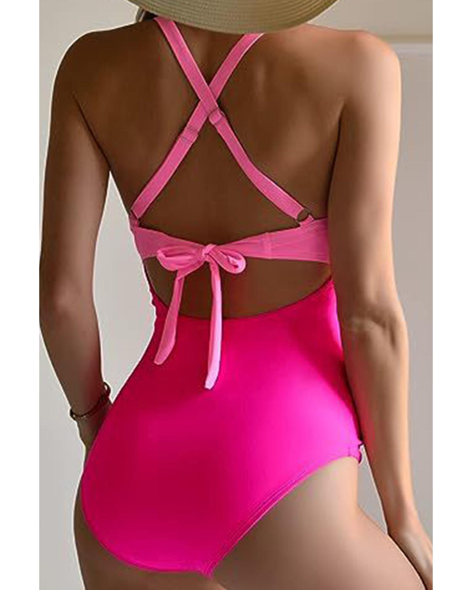 V539-AZEXDC443893-P1022-S-202506140812-00 Pink 2-tone Crossed Cutout Backless Monokini - S - Image 1