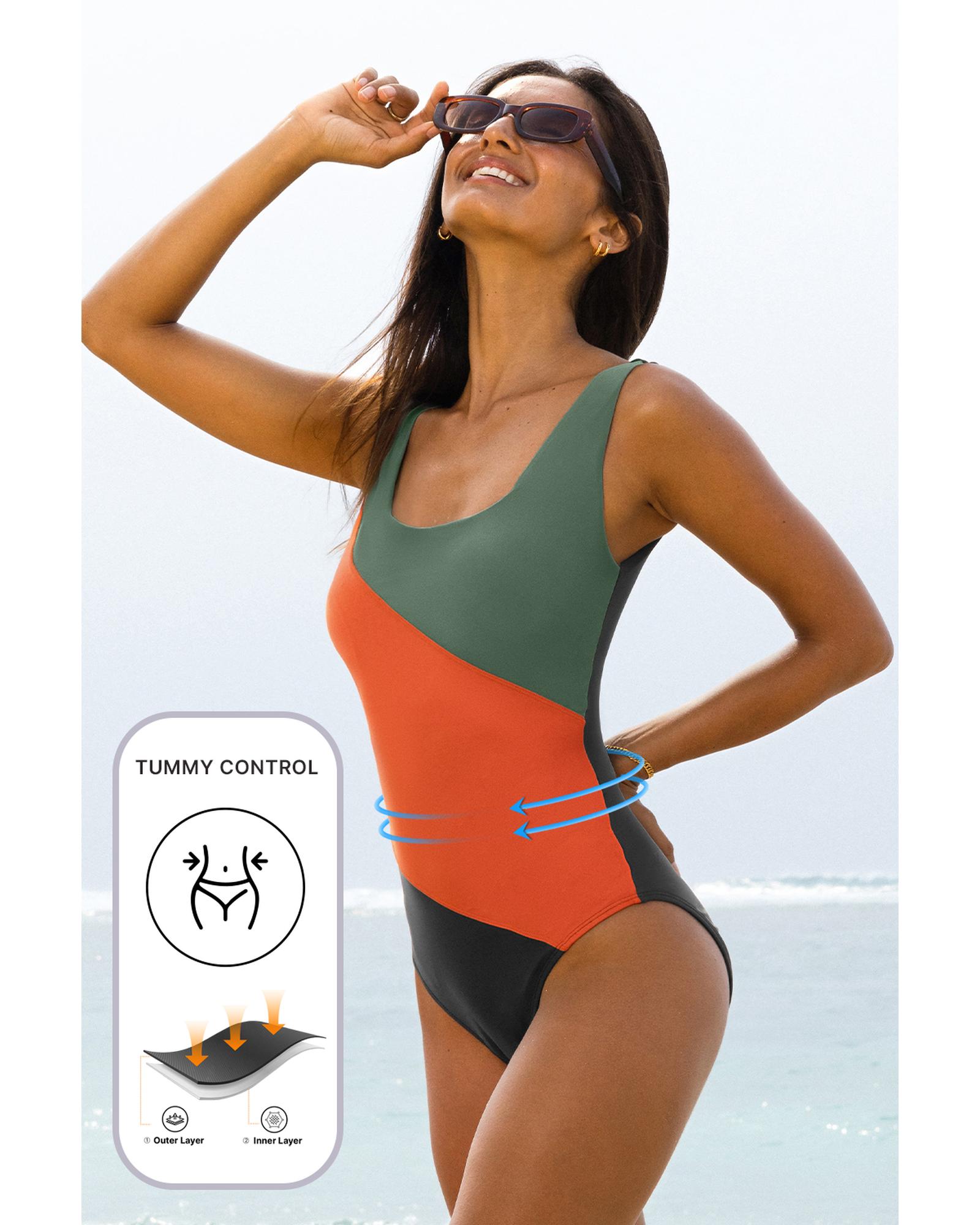 V539-AZEXDC444294-P1309-L-202508280930-00 Duffel Green Color Block Padded Square Neck One Piece Swimsuit - L - Image 1