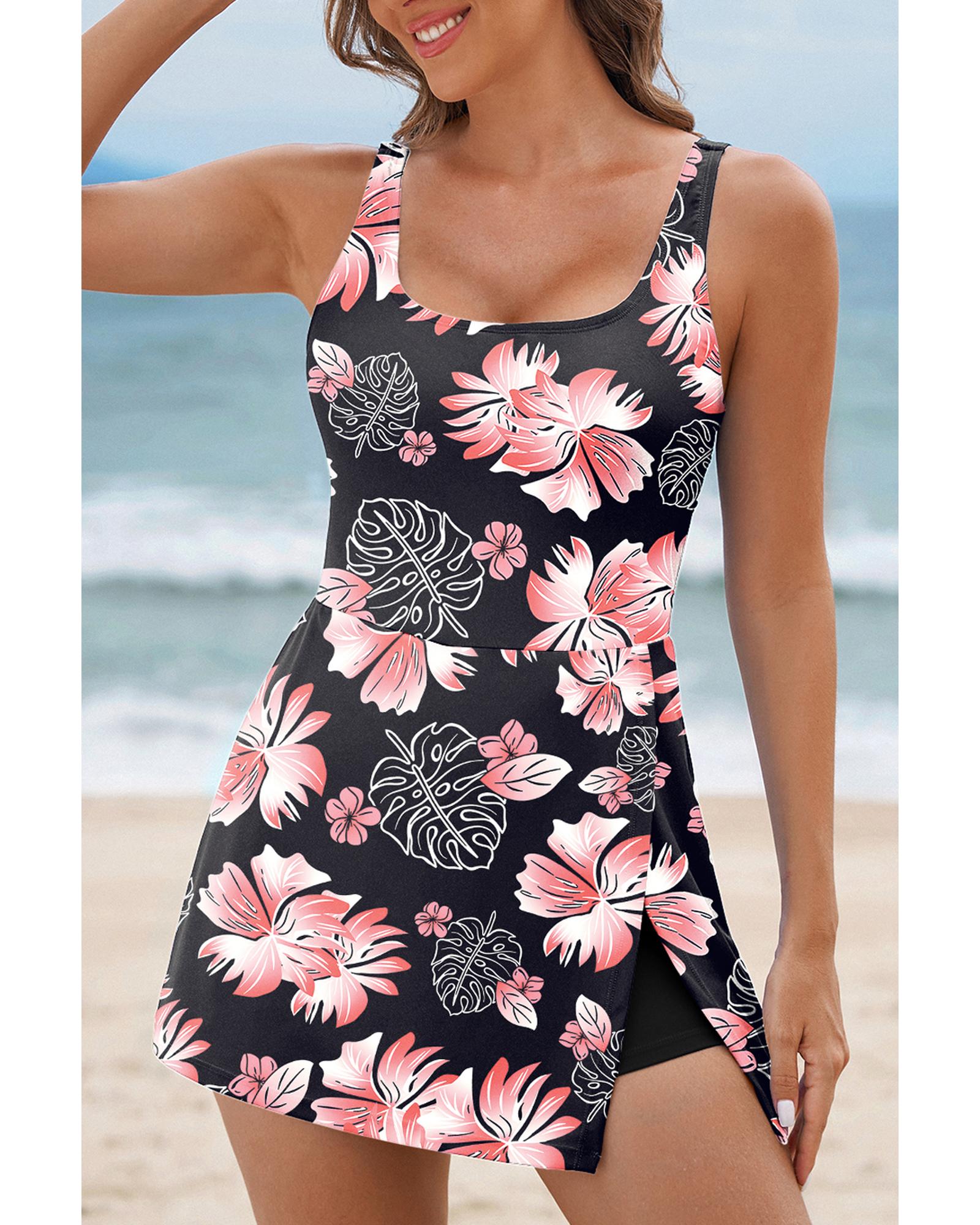 V539-AZEXDC444453-P220-XL-202508290155-00 Black Floral Print Twisted Hollowed Back Swim Dress - XL - Image 1