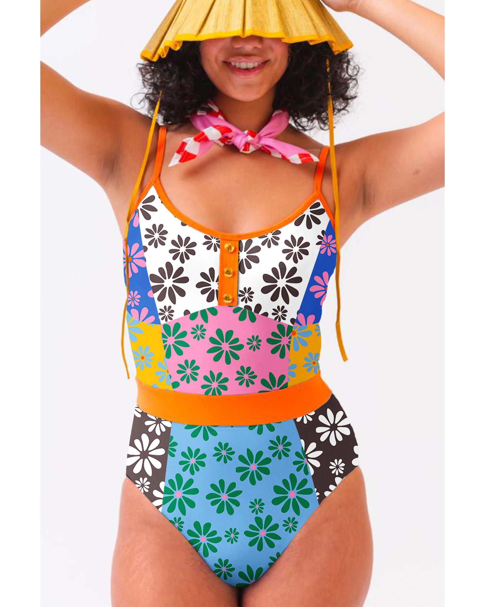 V539-AZEXDC444632-P1420-S-202506141047-00 Orange Floral Colorblock Buttoned Decor Front Spaghetti Straps Teddy Swimsuit - S - Image 1