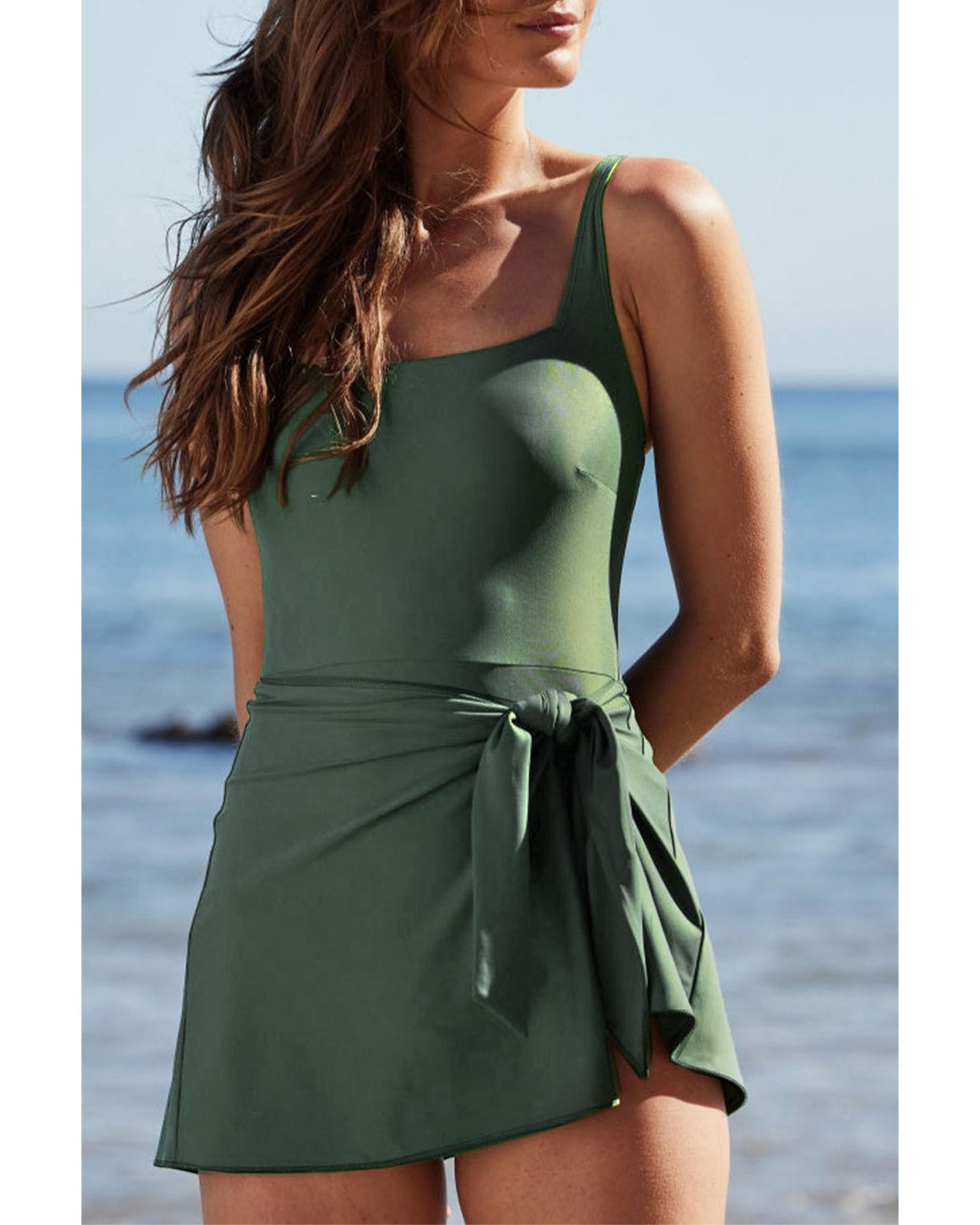 V539-AZEXDC444645-P509-M-202508281935-00 Mist Green Side Tied Waist Square Neck Adjustable Straps A-line One Piece Swim Dress - M - Image 1