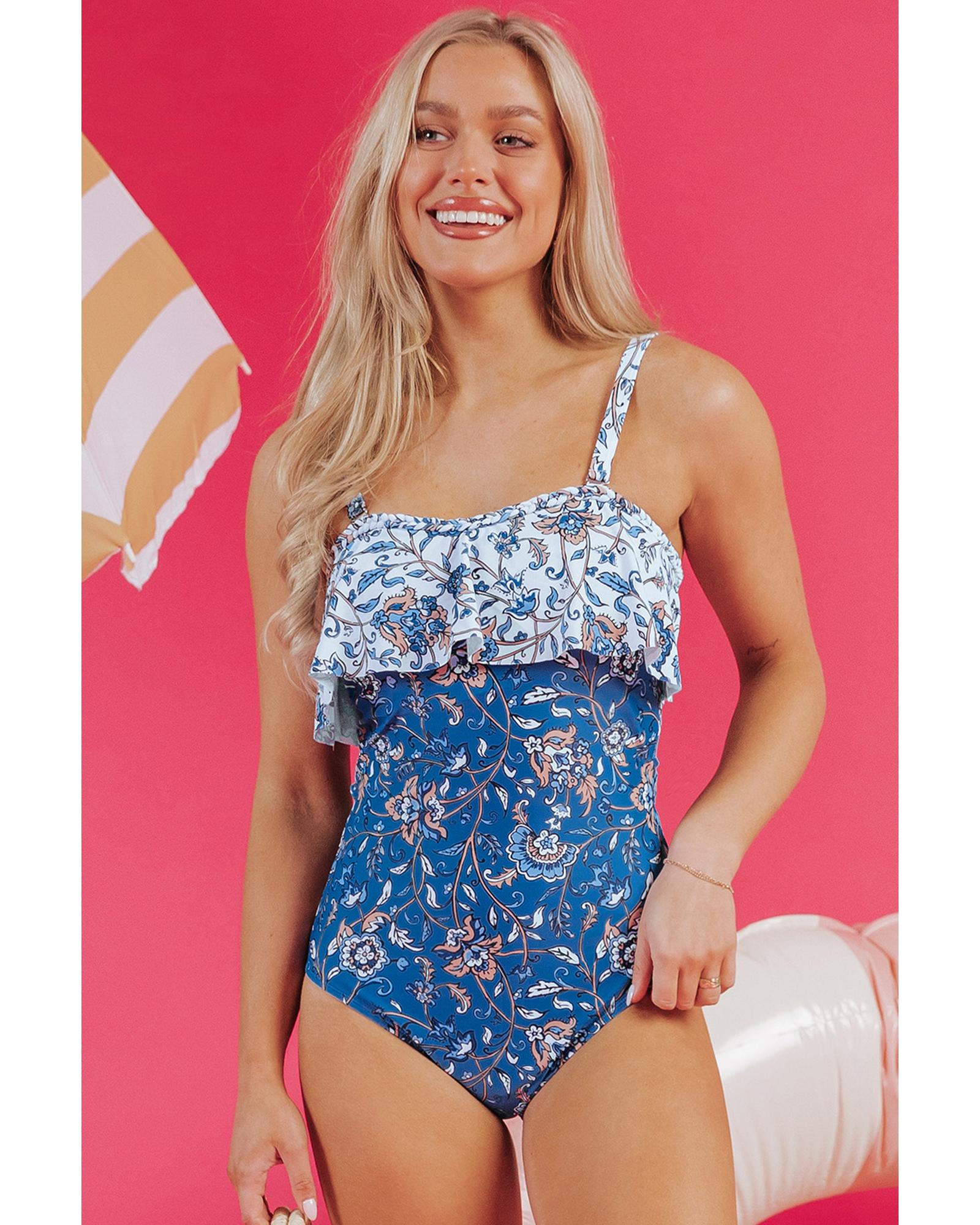 V539-AZEXDC444650-P420-2XL-202508282300-00 Sky Blue Floral Printed Ruffle Removable Strap One Piece Swimsuit - 2XL - Image 1