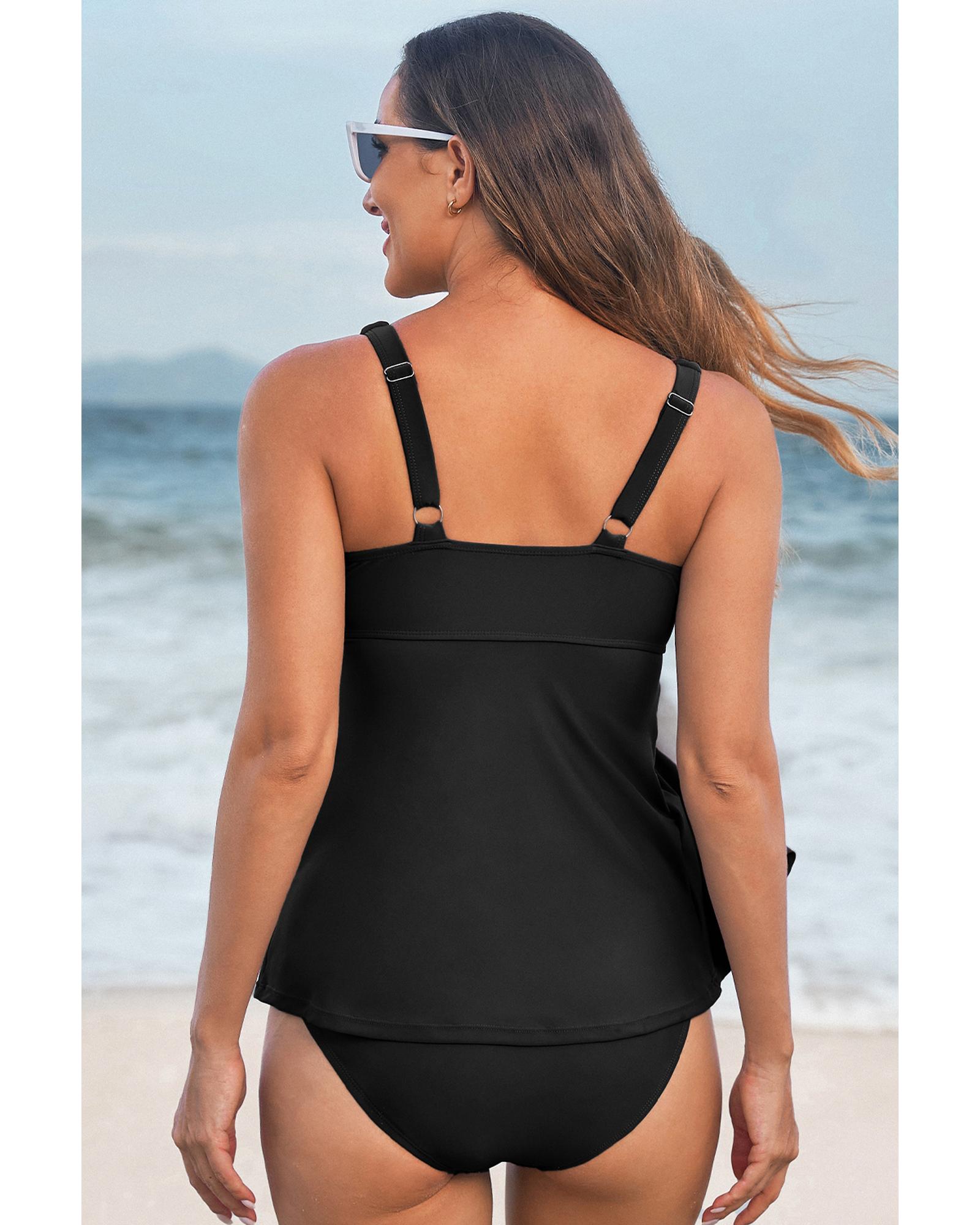 V539-AZEXDC46272-P2-S-202506141142-00 Black Crossed V Neck Adjustable Strap Babydoll Tankini Top - S - Image 1