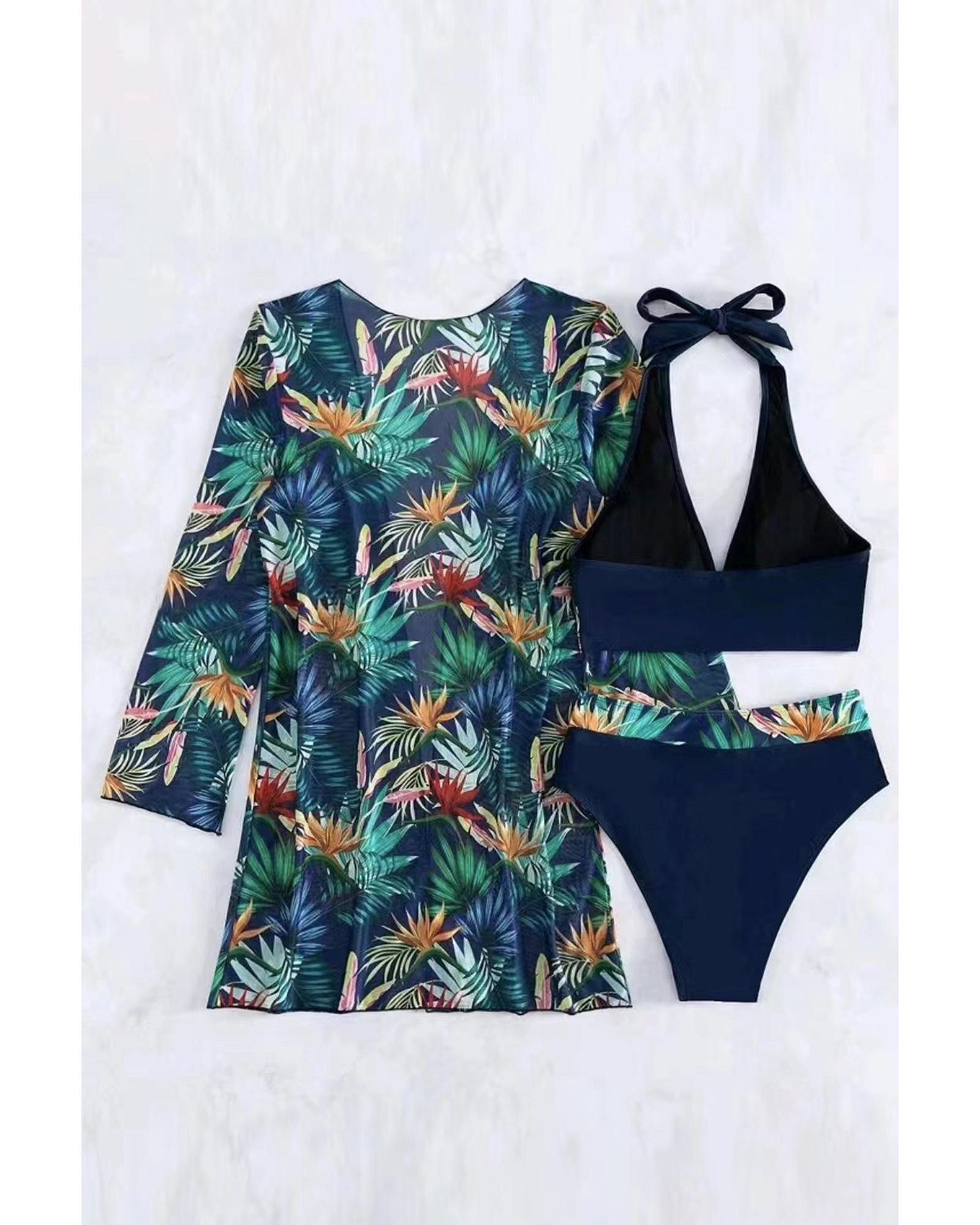 V539-AZEXDC481421-P2-M-202508281955-00 Black 3pcs Tropical Contrast Trim Halter Bikini Set with Cover up - M - Image 1