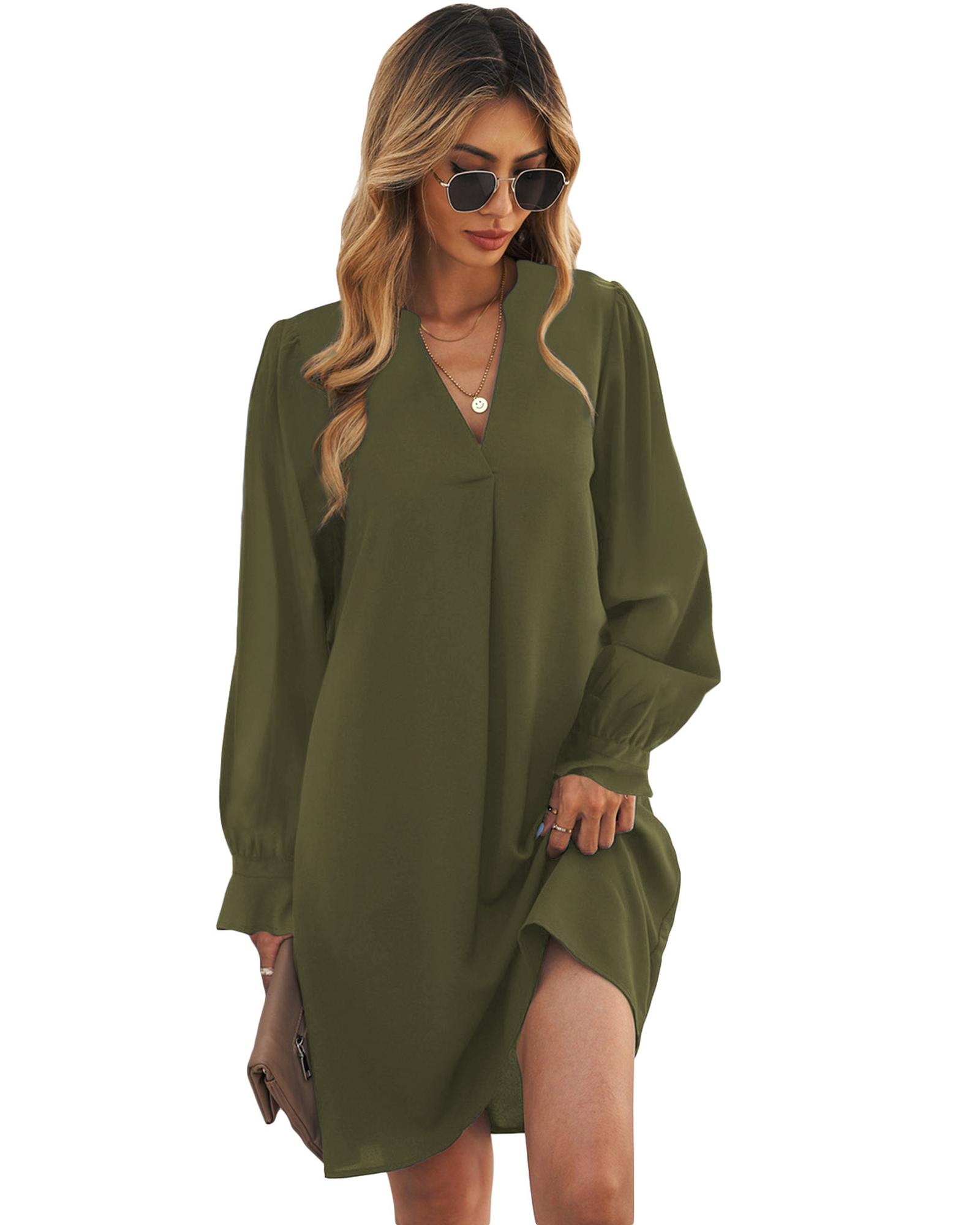 V539-AZEXDC6111328-9-XL-202508291840-00 Azura Exchange Green Split V Neck Ruffled Sleeves Shirt Dress - XL - Image 1
