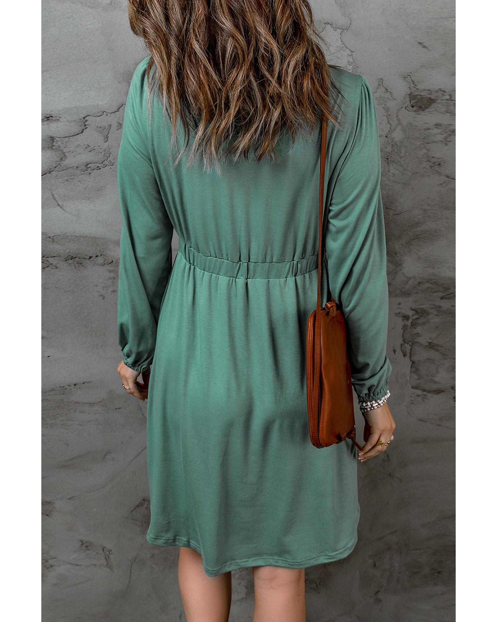 V539-AZEXDC6111416-9-M-202508280300-00 Green Button Up High Waist Long Sleeve Dress - M - Image 1