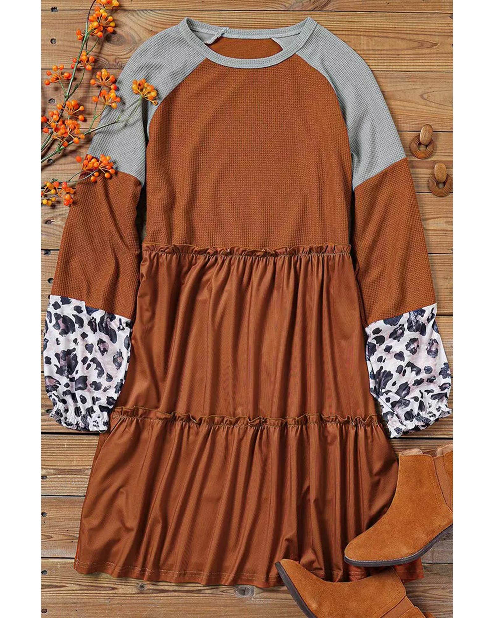 V539-AZEXDC6112668-17-S-202506141322-00 Brown Waffle Knit Leopard Patchwork Long Sleeve Dress - S - Image 1