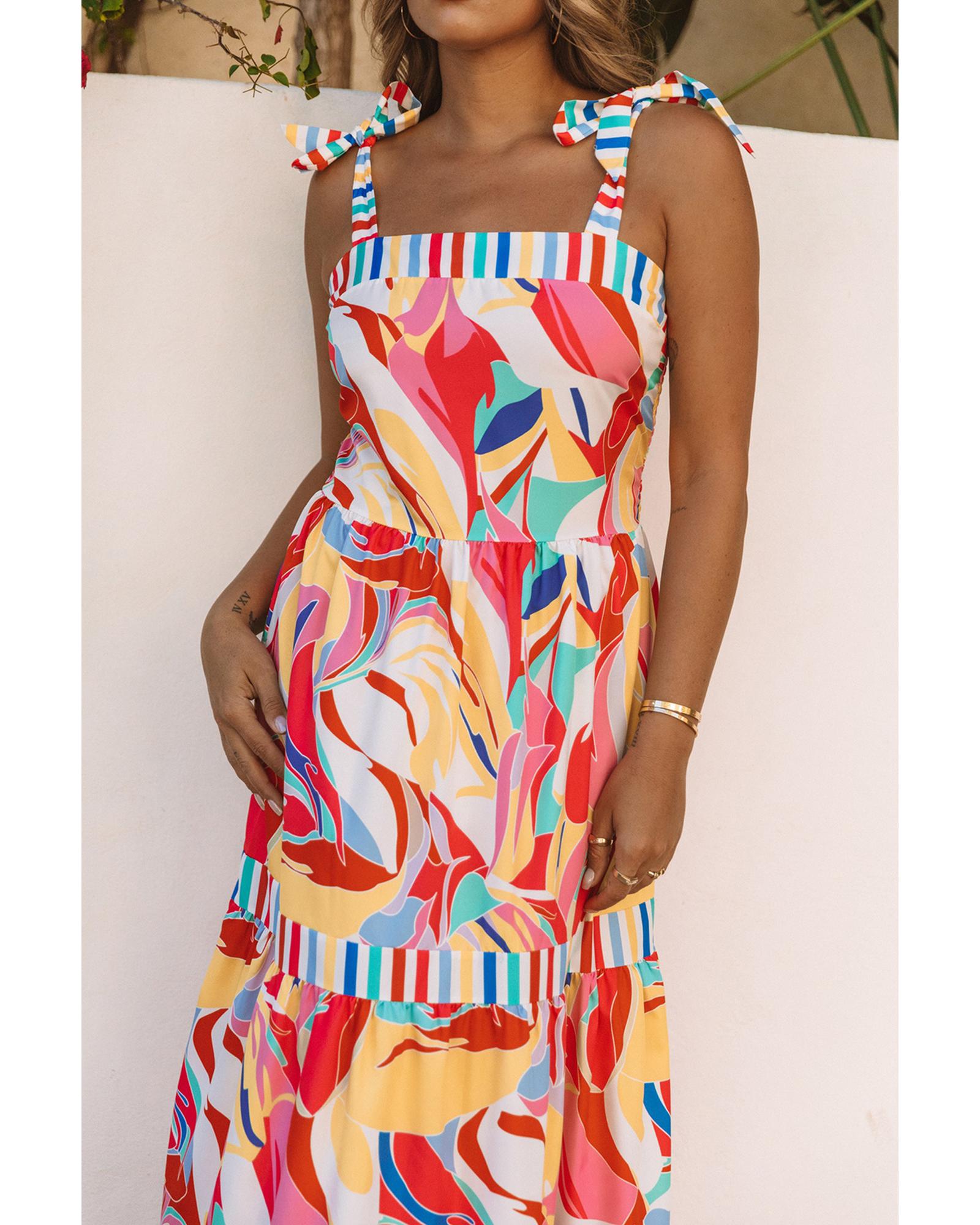 V539-AZEXDC6112858-22-2XL-202508282115-00 Multicolor Abstract Print Striped Trim Maxi Sundress - 2XL - Image 1