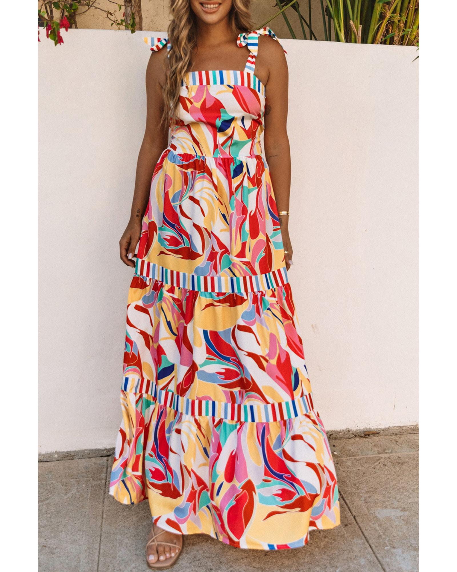 V539-AZEXDC6112858-22-L-202508282315-00 Multicolor Abstract Print Striped Trim Maxi Sundress - L - Image 1