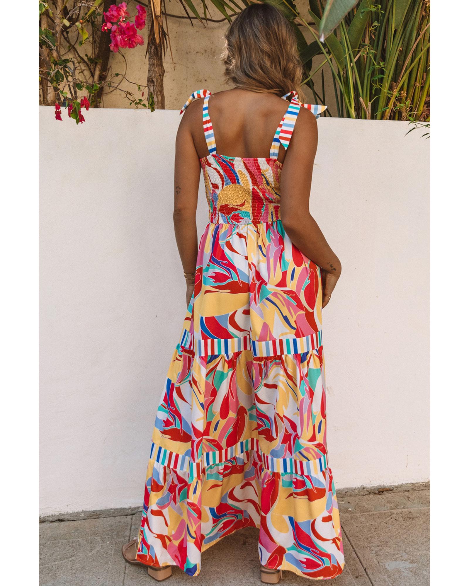 V539-AZEXDC6112858-22-M-202506141325-00 Multicolor Abstract Print Striped Trim Maxi Sundress - M - Image 1