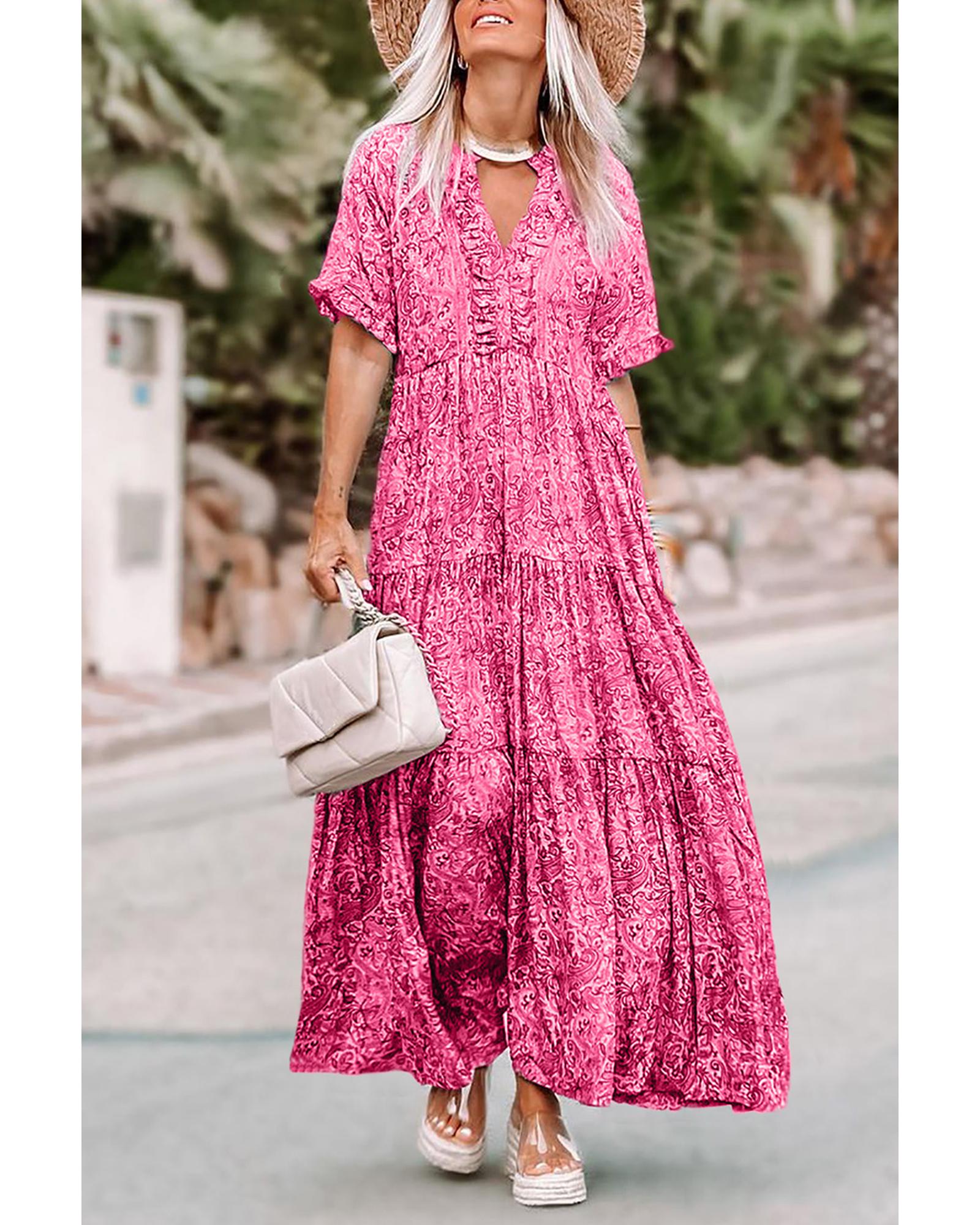 V539-AZEXDC6114812-10-XL-202508290050-00 Pink Paisley Print Boho Holiday Ruffle Tiered Maxi Dress - XL - Image 1