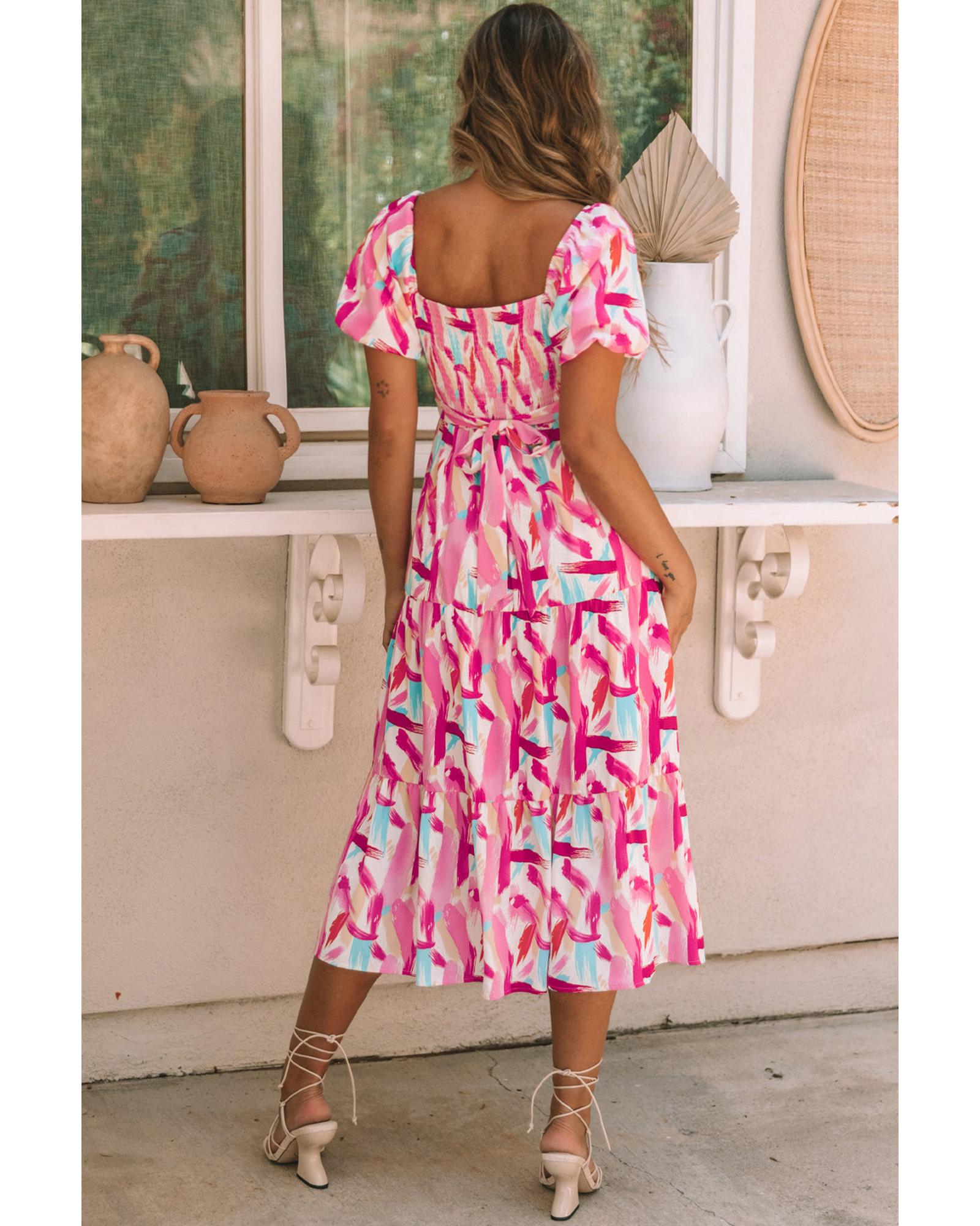 V539-AZEXDC6115787-10-S-202506141445-00 Pink Brush Stroke Printed Smocked Ruffle Tiered Dress - S - Image 1