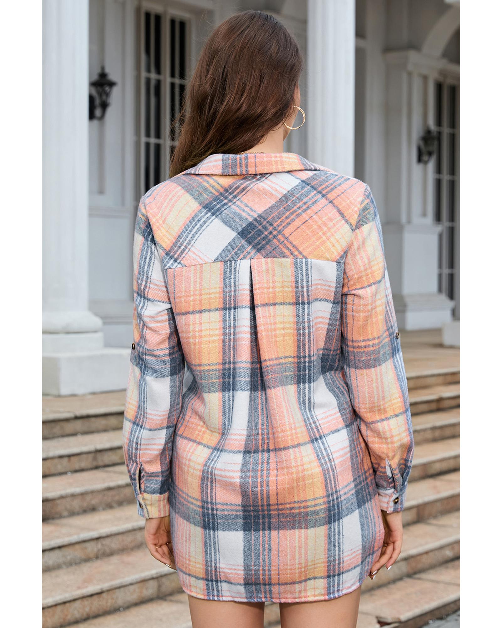 V539-AZEXDC6116721-10-M-202508281050-00 Azura Exchange Pink Plaid Roll-tab Sleeve Side Slit Shirt Dress - M - Image 1