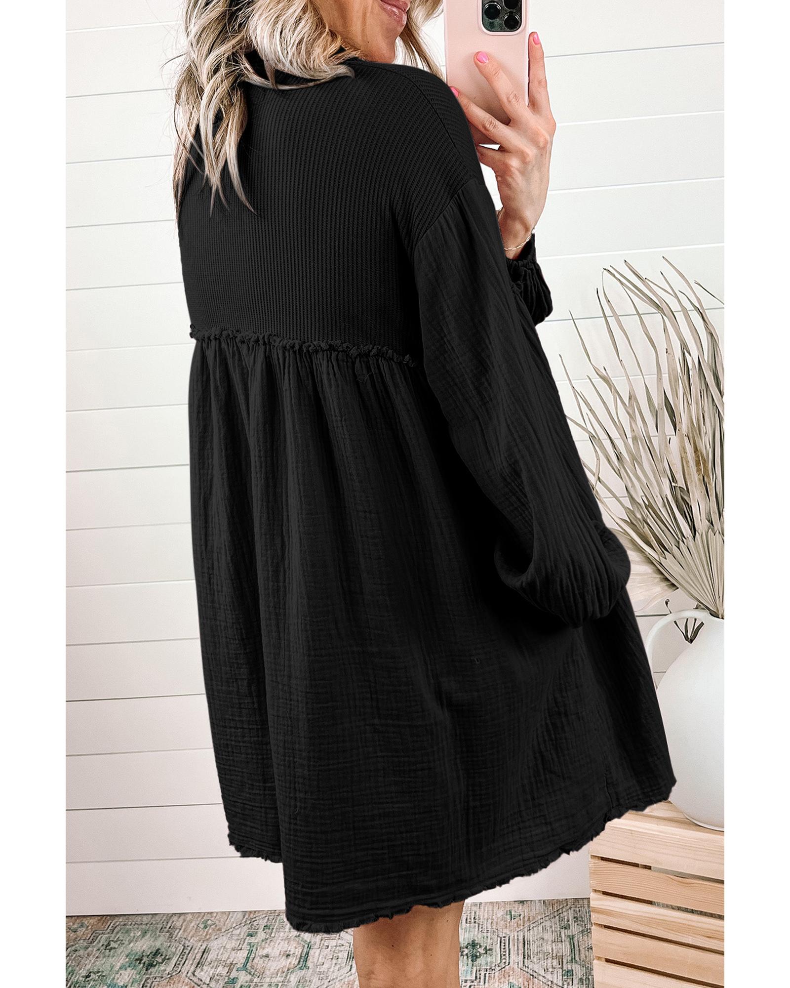 V539-AZEXDC6117009-2-XL-202508291525-00 Azura Exchange Black Patchwork Crinkle Puff Sleeve Shirt Dress - XL - Image 1