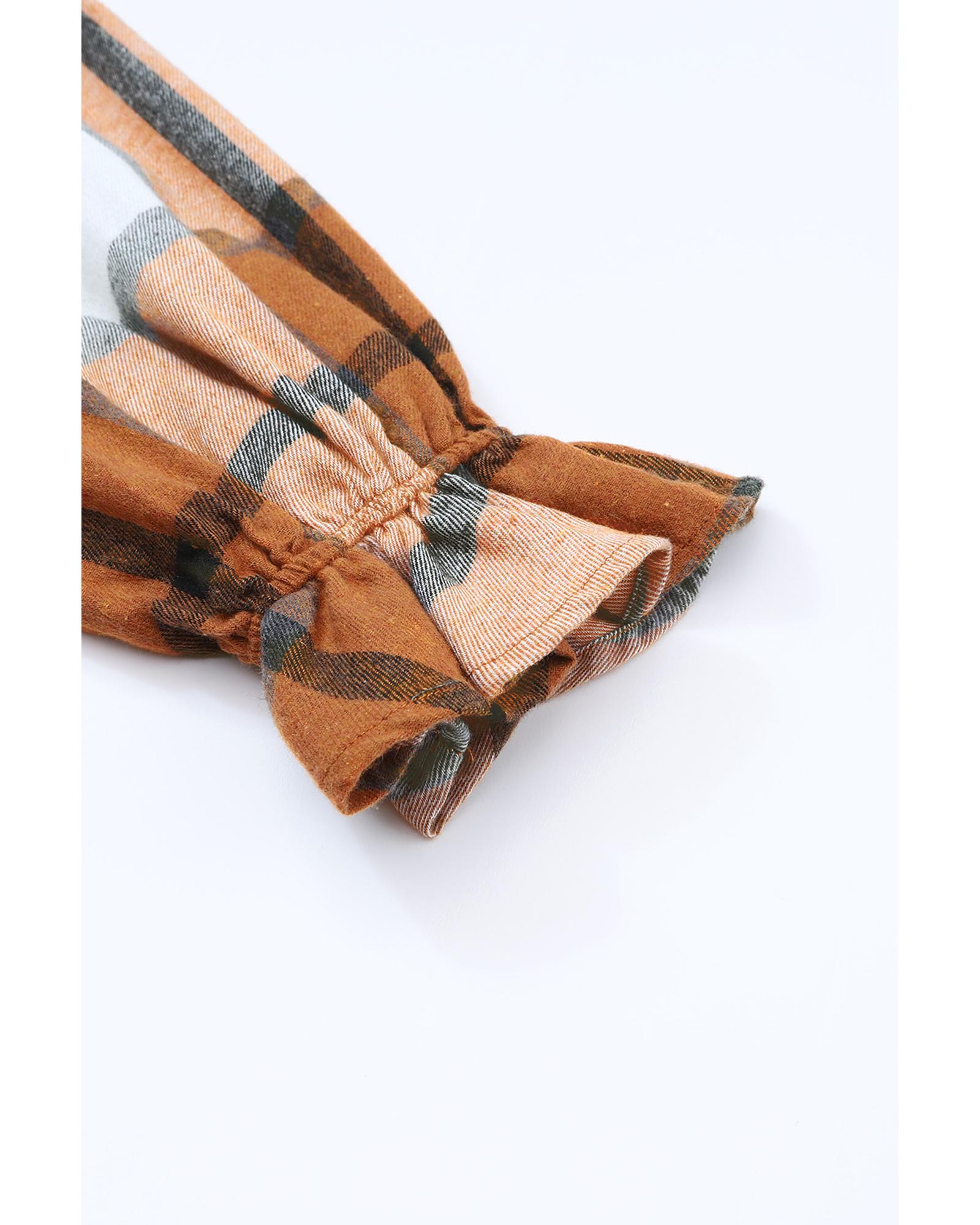 V539-AZEXDC6117146-16-L-202508300545-00 Khaki Plaid Pattern Collared Neck Ruffled Sleeve Shirt Dress - L - Image 1