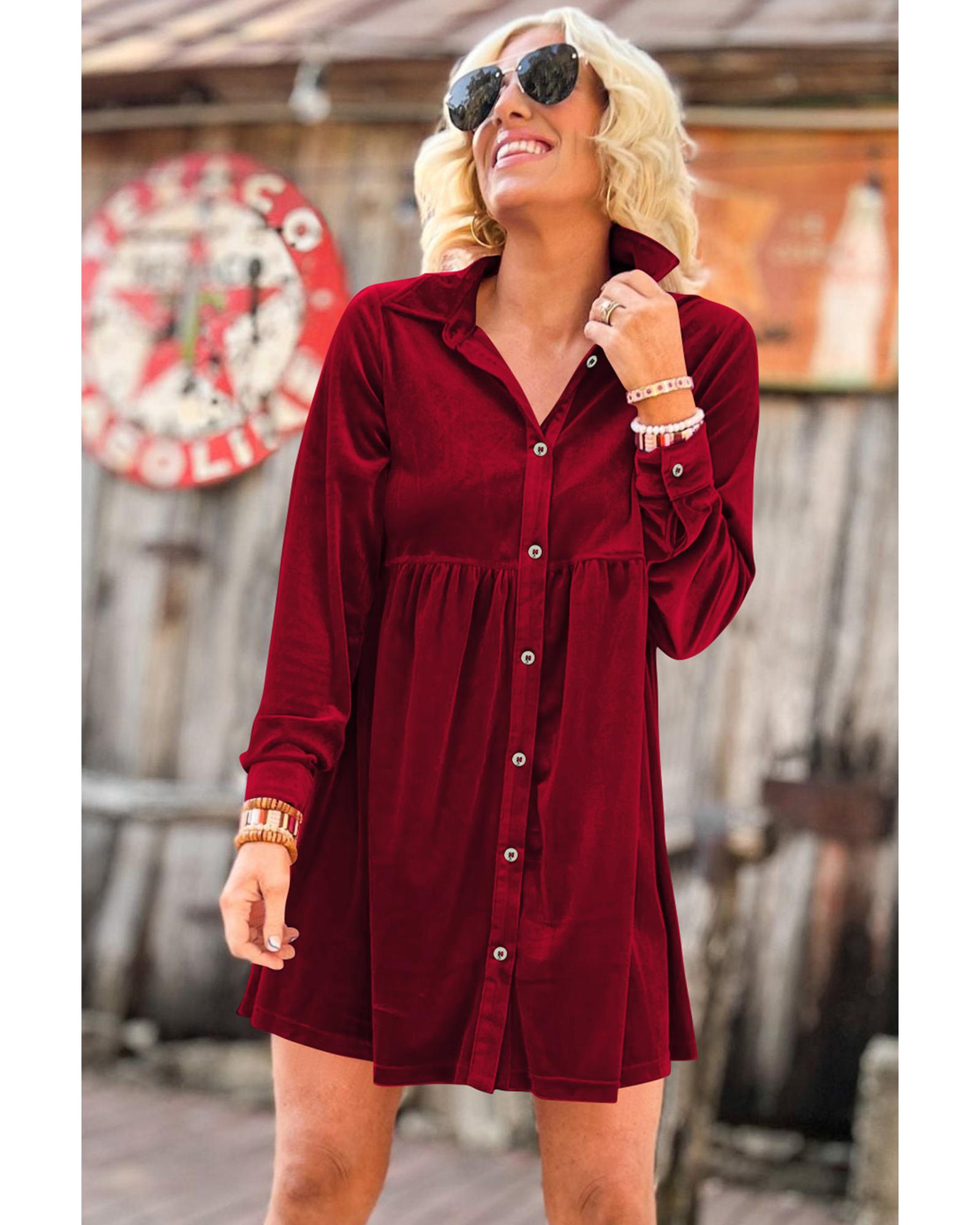 V539-AZEXDC6117352-P3-M-202508282000-00 Red Long Sleeve Ruffle Velvet Button Up Dress - M - Image 1