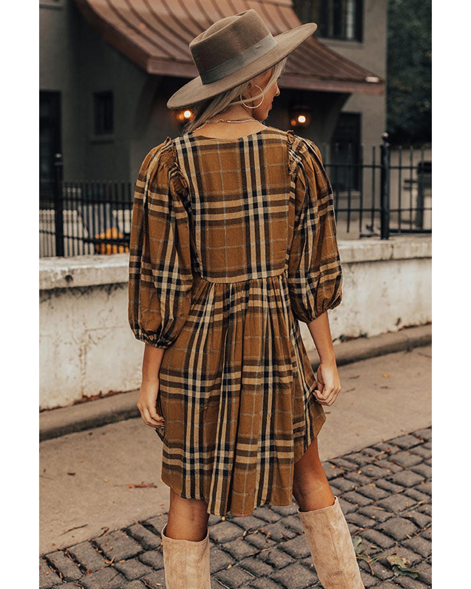 V539-AZEXDC6117629-17-S-202506141132-00 Brown Plaid Pattern Empire Waist Babydoll Dress - S - Image 1