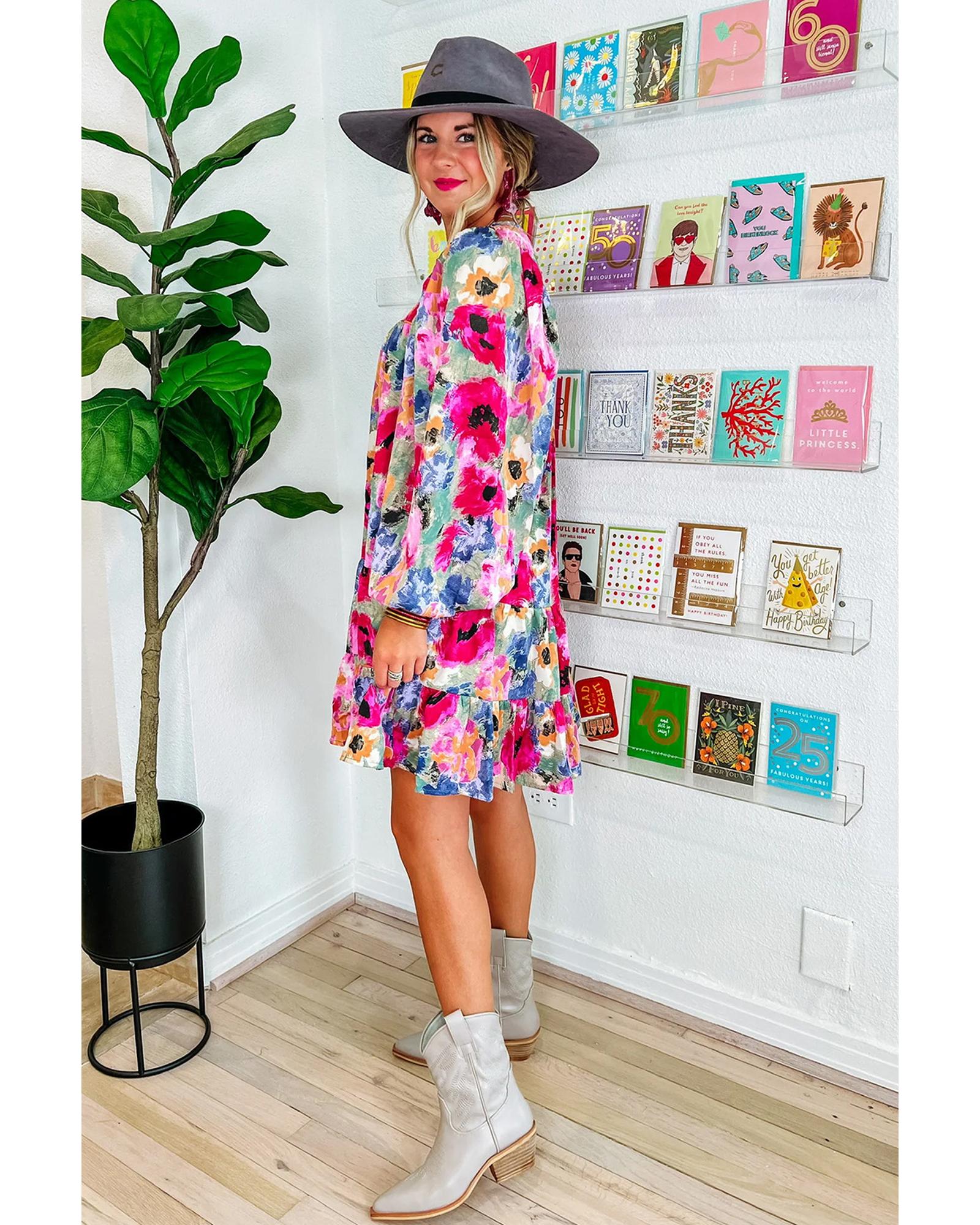 V539-AZEXDC6118071-P22-L-202508291905-00 Multicolour Floral Tie Neck Bubble Sleeve Shift Dress - L - Image 1