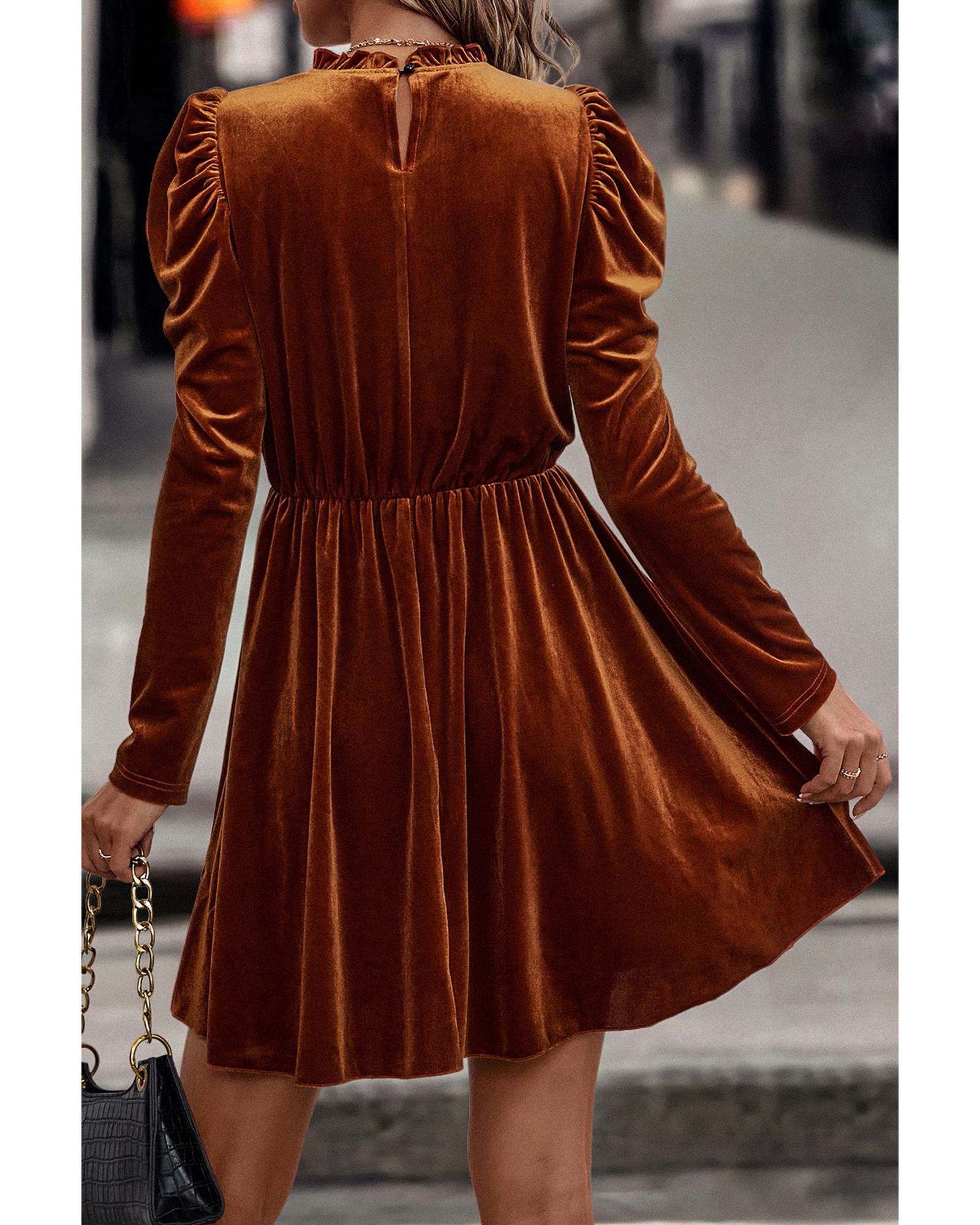 V539-AZEXDC6118342-P2017-S-202506141225-00 Chestnut Velvet Frilled Neck Gigot Sleeve Swing Dress - S - Image 1
