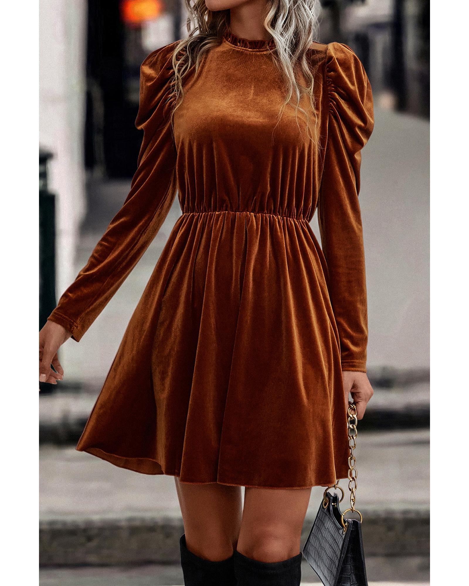 V539-AZEXDC6118342-P2017-XL-202508290110-00 Chestnut Velvet Frilled Neck Gigot Sleeve Swing Dress - XL - Image 1