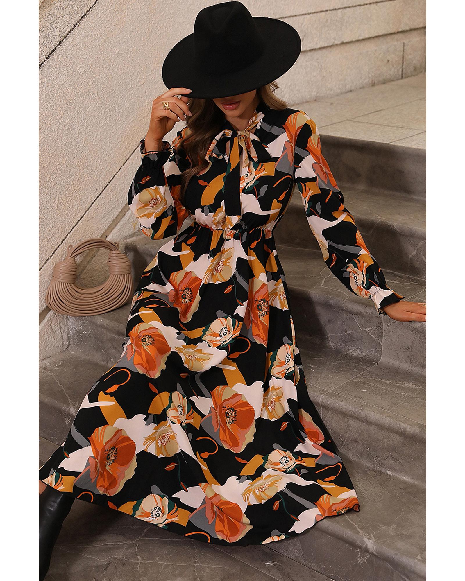 V539-AZEXDC6118562-P1422-L-202506141311-00 Orange Floral Print Tie Neck Long Sleeve Dress - L - Image 1