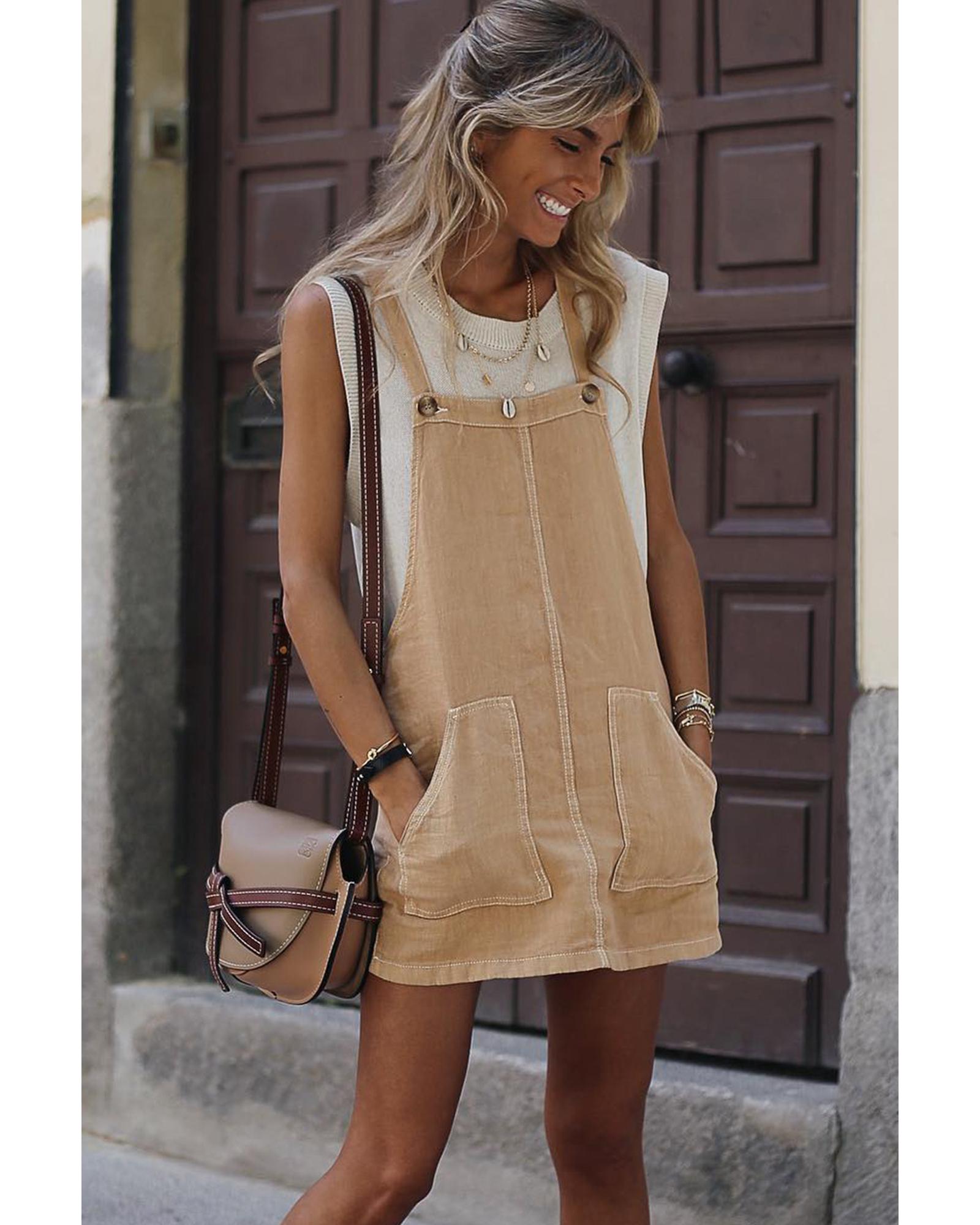 V539-AZEXDC6118666-P6016-L-202508280200-00 Parchment Side Buttons Sleeveless Overall Mini Dress - L - Image 1