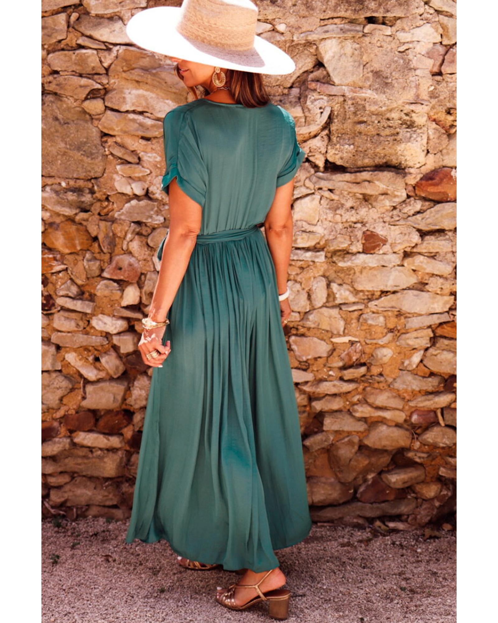 V539-AZEXDC6118918-P309-L-202508280535-00 Blackish Green Solid Color V Neck Wrap Pleated Short Sleeve Maxi Dress - L - Image 1