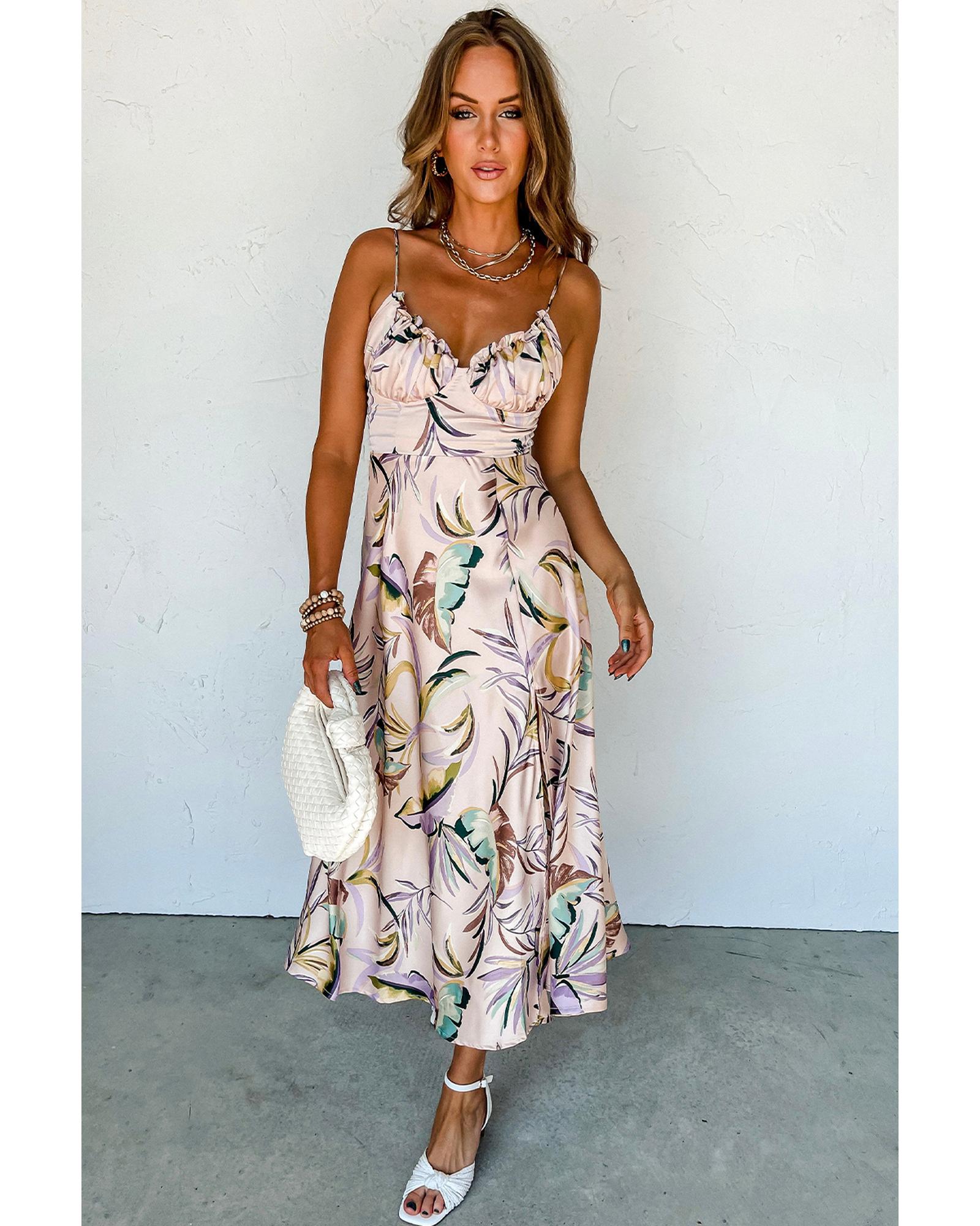 V539-AZEXDC6119012-P1820-XL-202508300445-00 Apricot Tropical Print Spaghetti Straps Cupped Dress - XL - Image 1