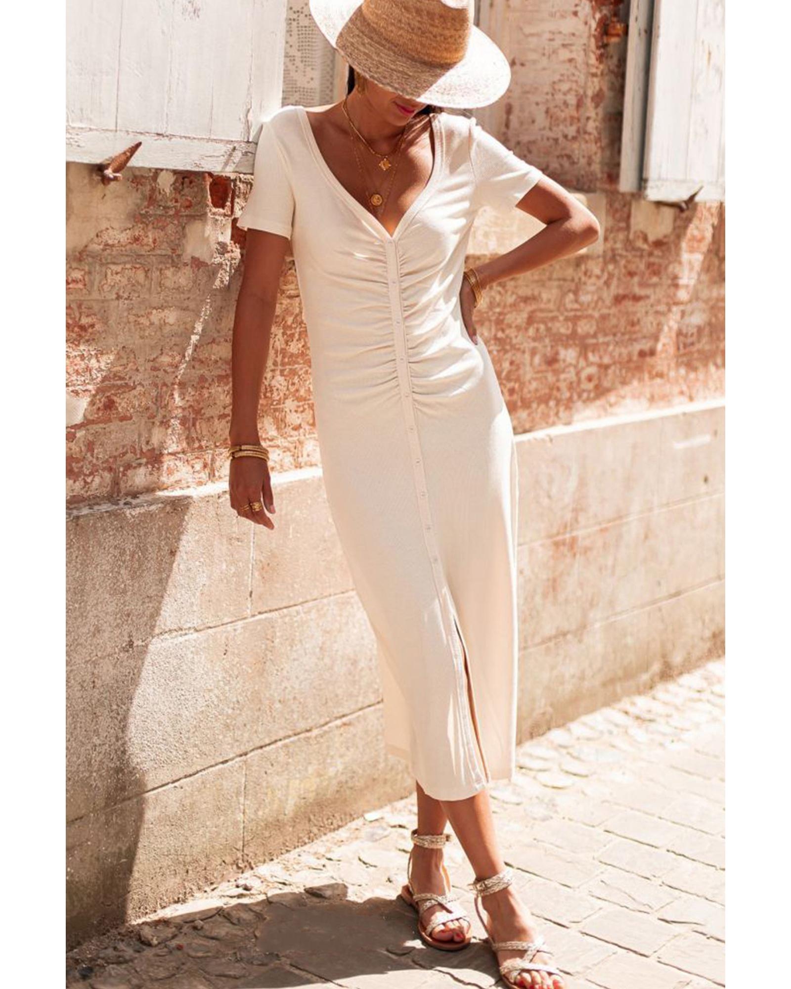 V539-AZEXDC6119019-P15-S-202506141432-00 Beige V Neck Ruched Button Front French T-shirt Dress - S - Image 1