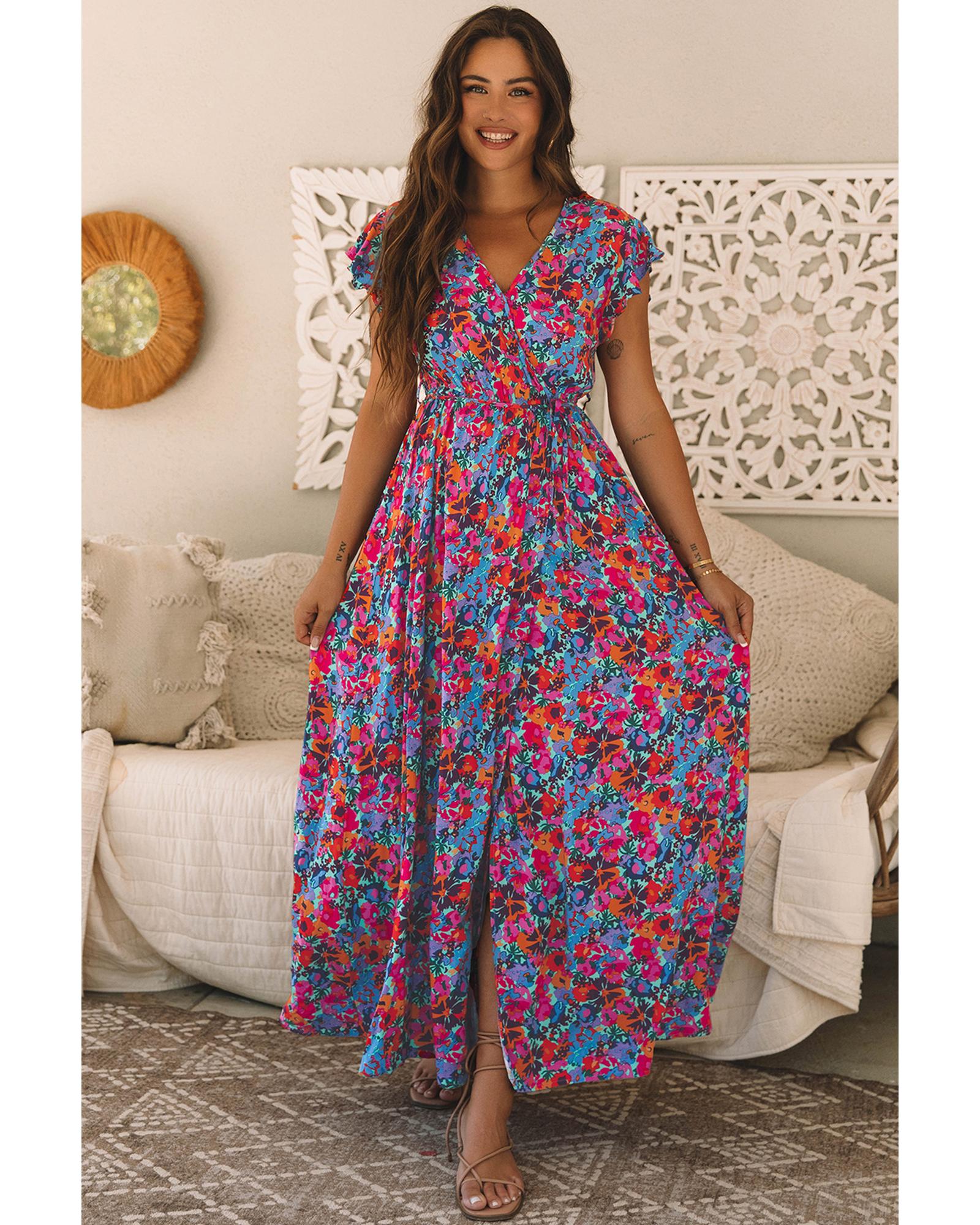 V539-AZEXDC6119025-P305-L-202508291445-00 Blue Floral Print V Neck Wrap Split Maxi Dress - L - Image 1