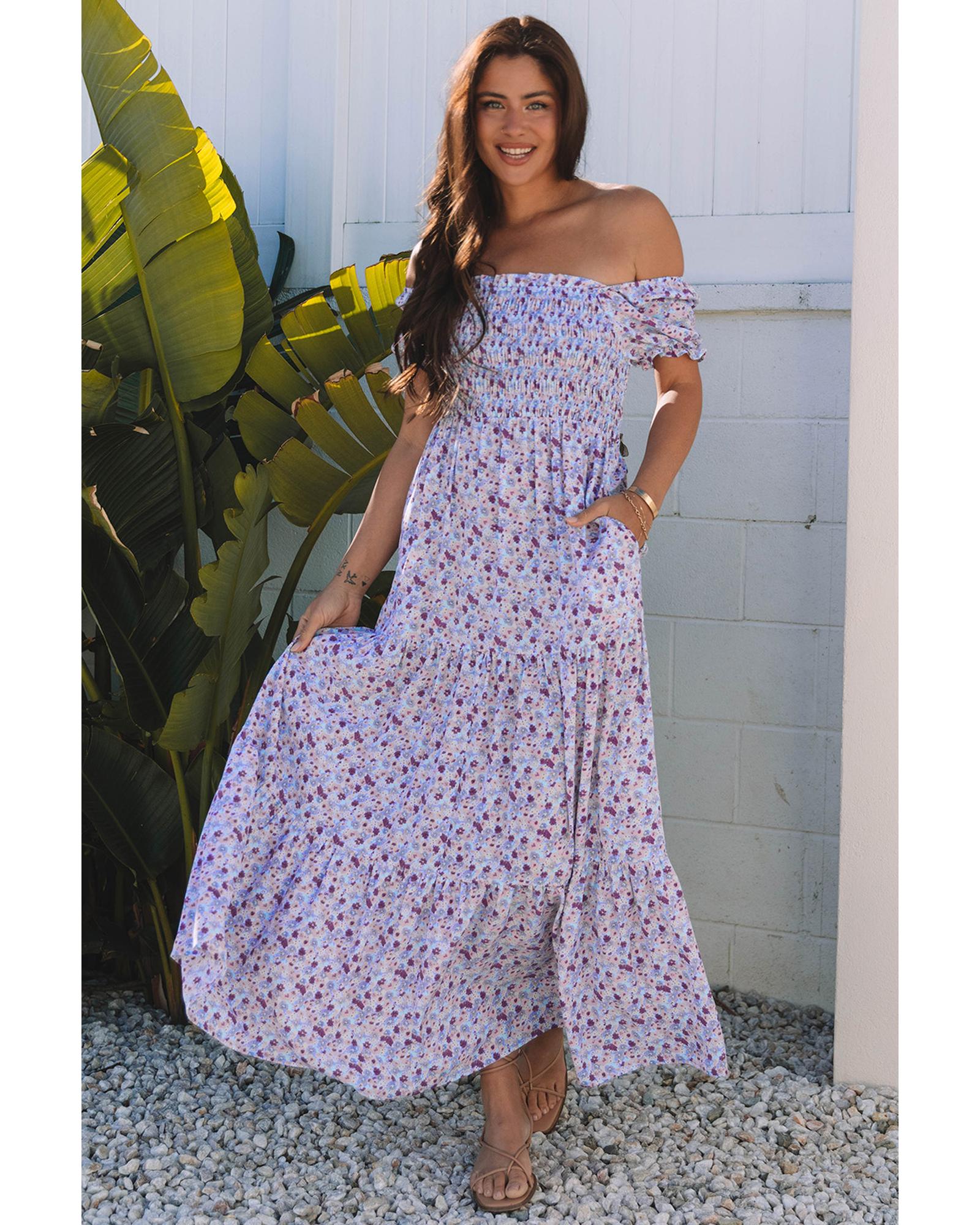 V539-AZEXDC6119041-P820-M-202508292335-00 Purple Floral Short Bubble Sleeve Shirred High Waist Maxi Dress - M - Image 1