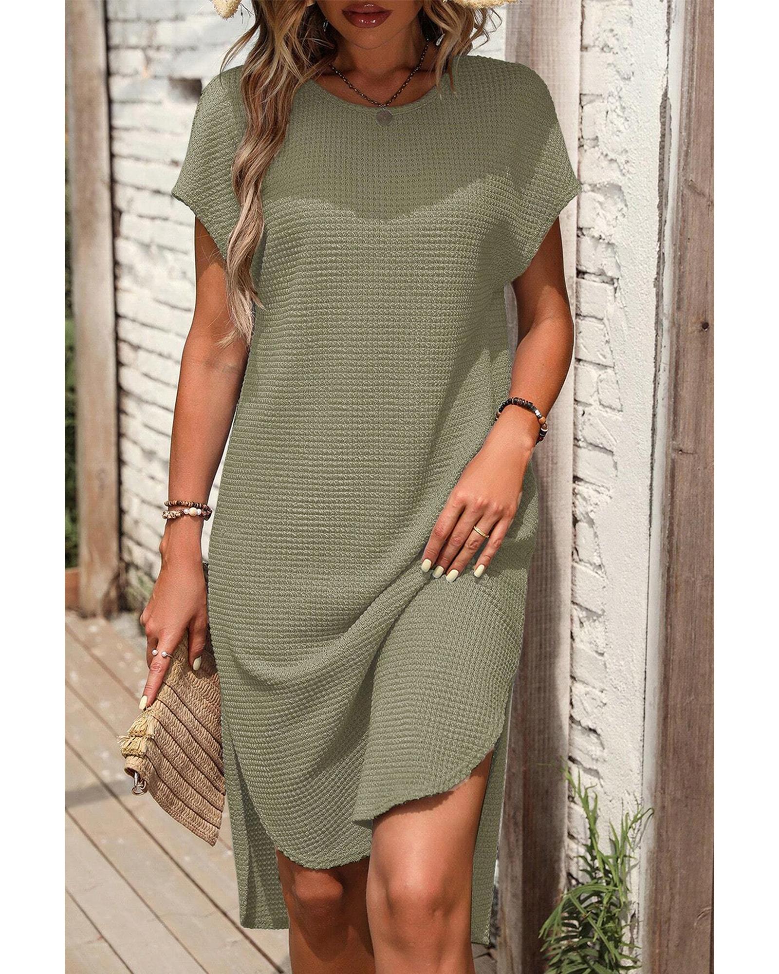 V539-AZEXDC6119256-P609-M-202508300020-00 Jungle Green Waffle Texture Curved Hem Side Slit T-shirt Dress - M - Image 1