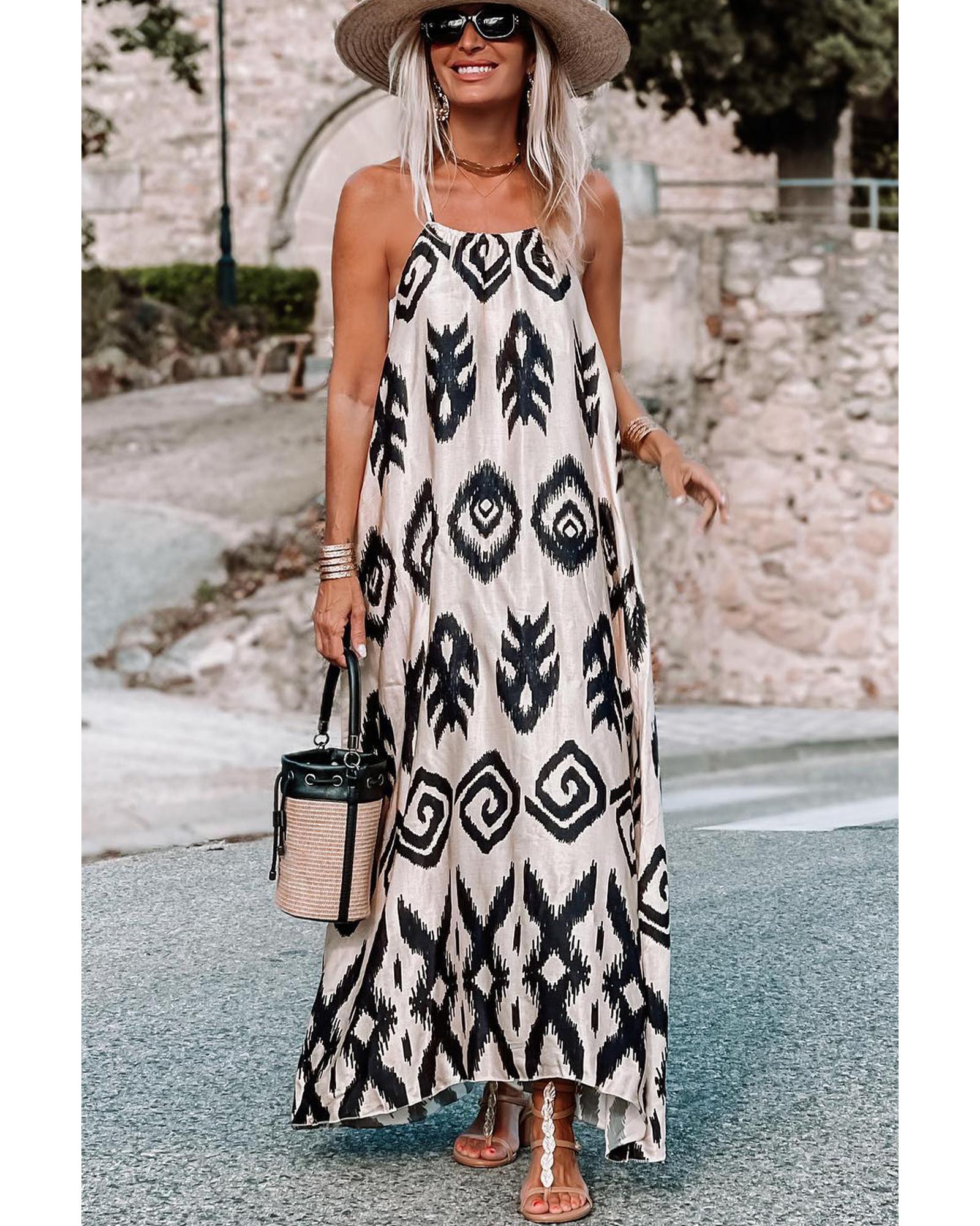 V539-AZEXDC6119591-P220-L-202508281515-00 Black Western Aztec Printed Fashion Vacation Sundress - L - Image 1