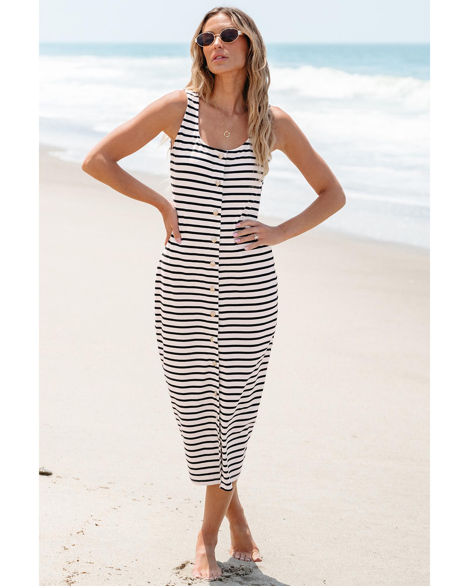 V539-AZEXDC6119636-P119-XL-202508290040-00 White Striped Print Sleeveless Buttoned Maxi Dress - XL - Image 1