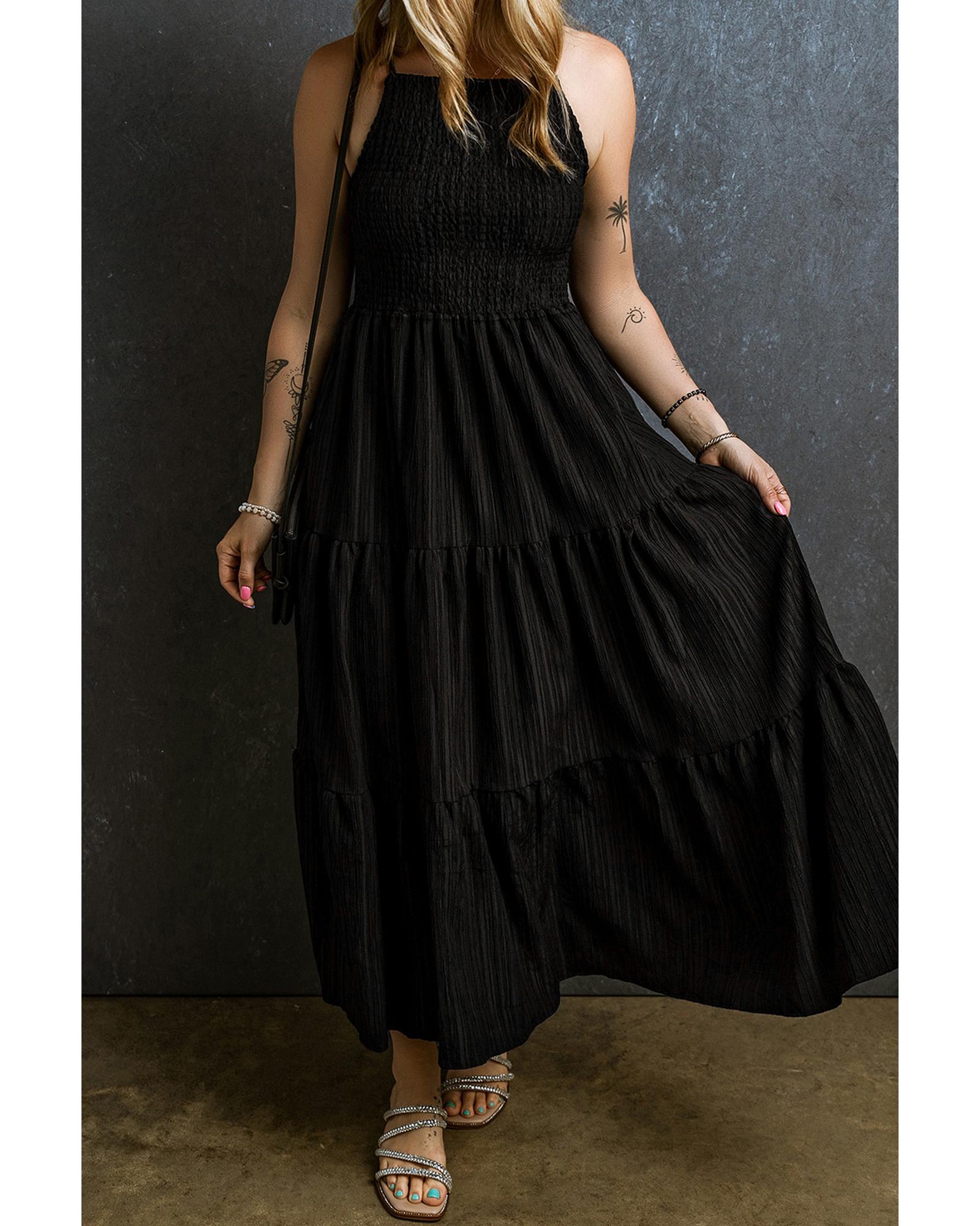 V539-AZEXDC6119786-P2-L-202508291955-00 Black Spaghetti Straps Smocked Pleated Tiered Maxi Dress - L - Image 1