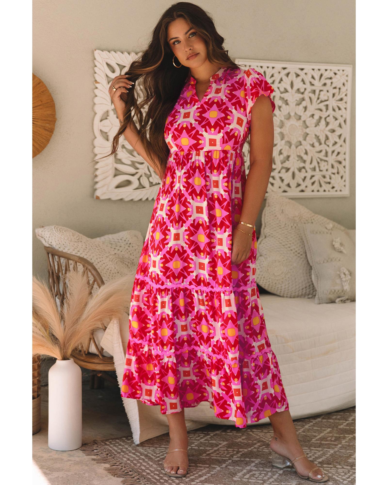 V539-AZEXDC6120144-P306-S-202506141312-00 Strawberry Pink Geo Print V-neck Maxi Dress - S - Image 1