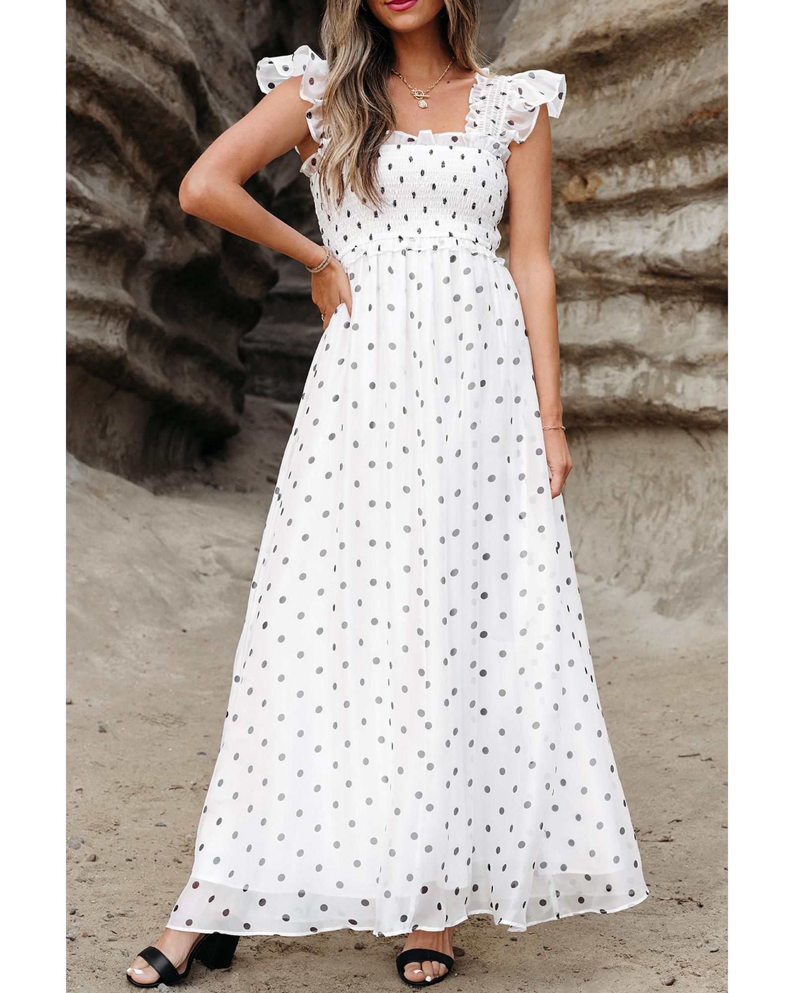 V539-AZEXDC6120210-P1-L-202508291805-00 White Polka Dot Flutter Sleeve Square Neck Smocked Maxi Dress - L - Image 1