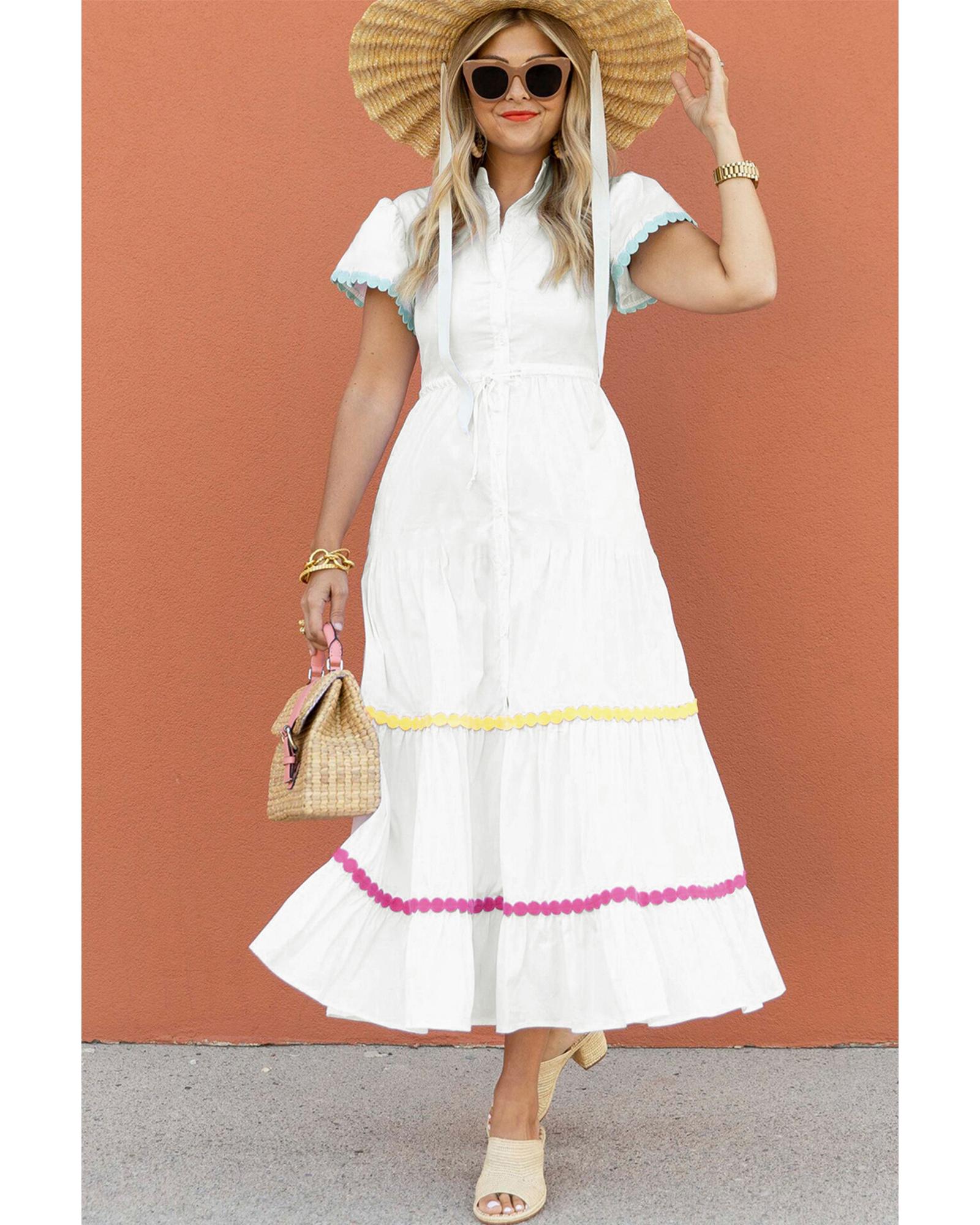 V539-AZEXDC6120392-P1-L-202508282125-00 White Colorblock Rickrack Trim Short Sleeve Drawstring Waist Long Dress - L - Image 1