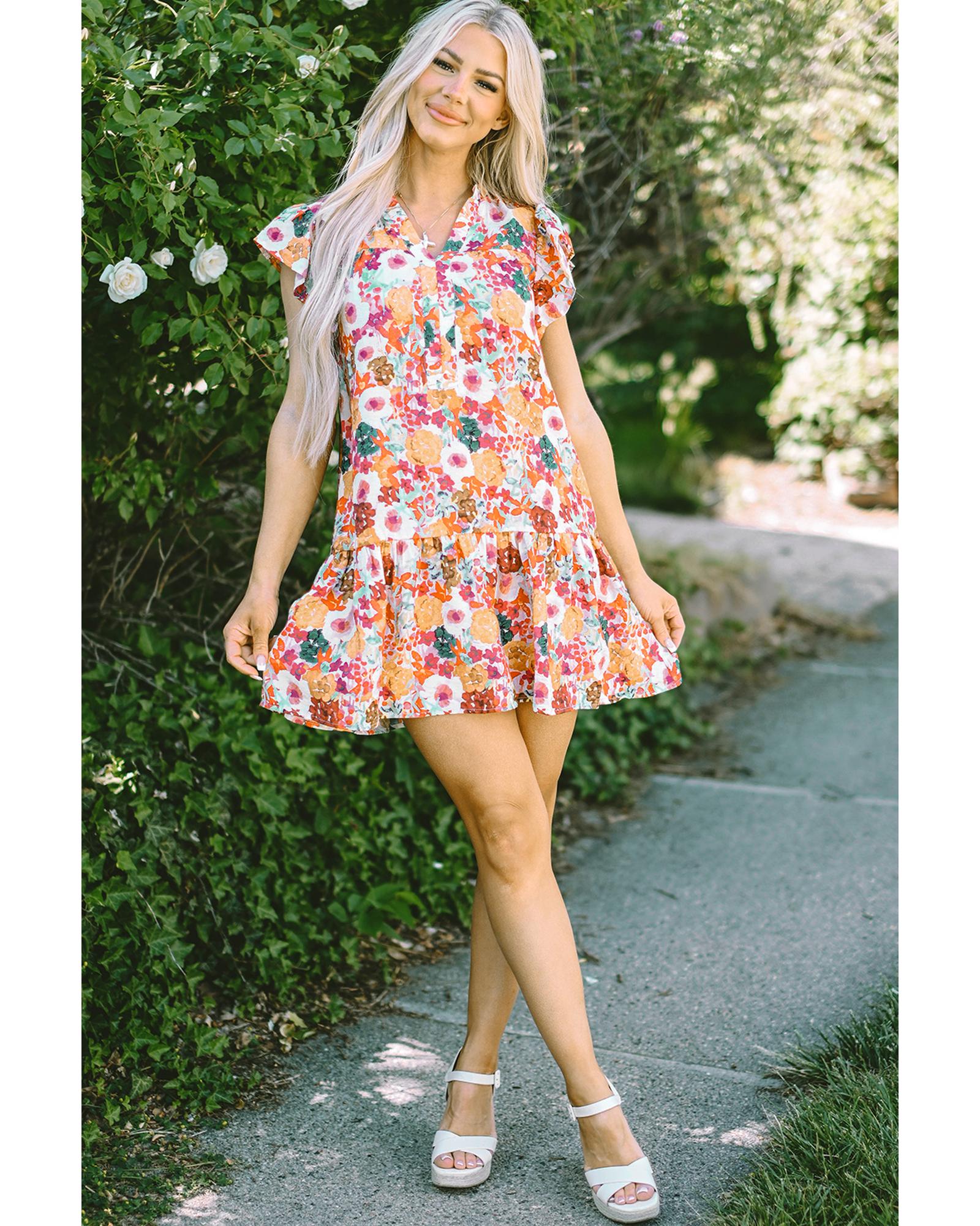 V539-AZEXDC6120457-P822-XL-202508300345-00 Purple Floral Print Split Neck Flutter Sleeve Dress - XL - Image 1