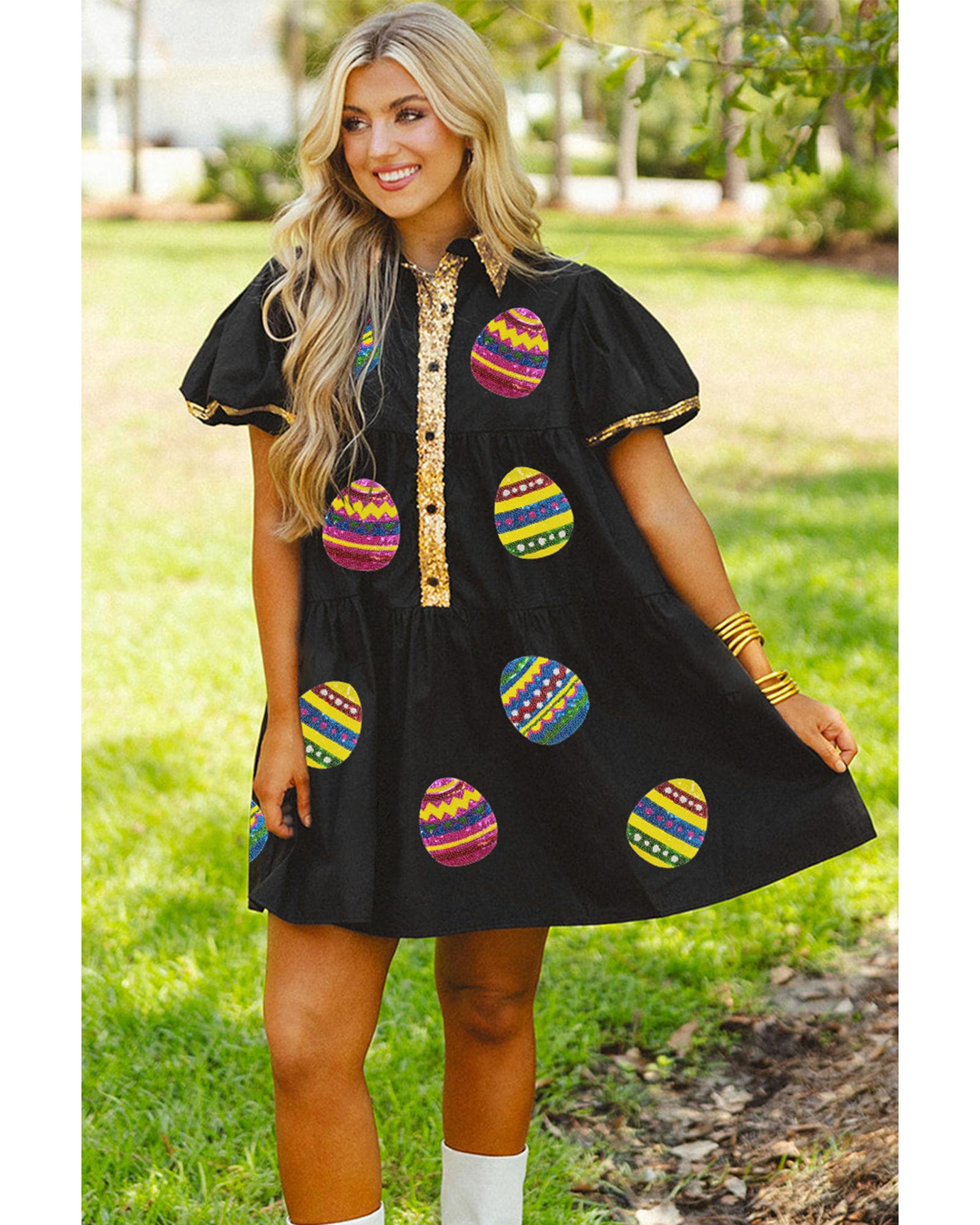 V539-AZEXDC6120476-P2-L-202508300455-00 Black Glistening Easter Egg Sequin Trim Half Button Puff Sleeve Dress - L - Image 1