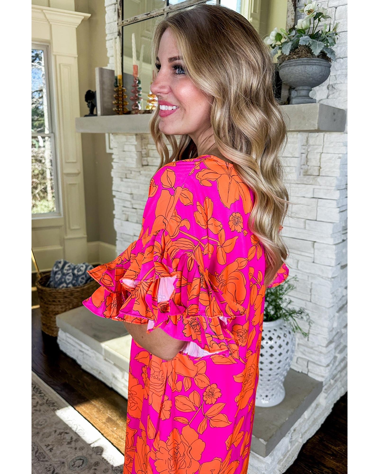 V539-AZEXDC6120510-P1020-L-202508281225-00 Pink Voluminous Ruffled Sleeve Floral Dress - L - Image 1