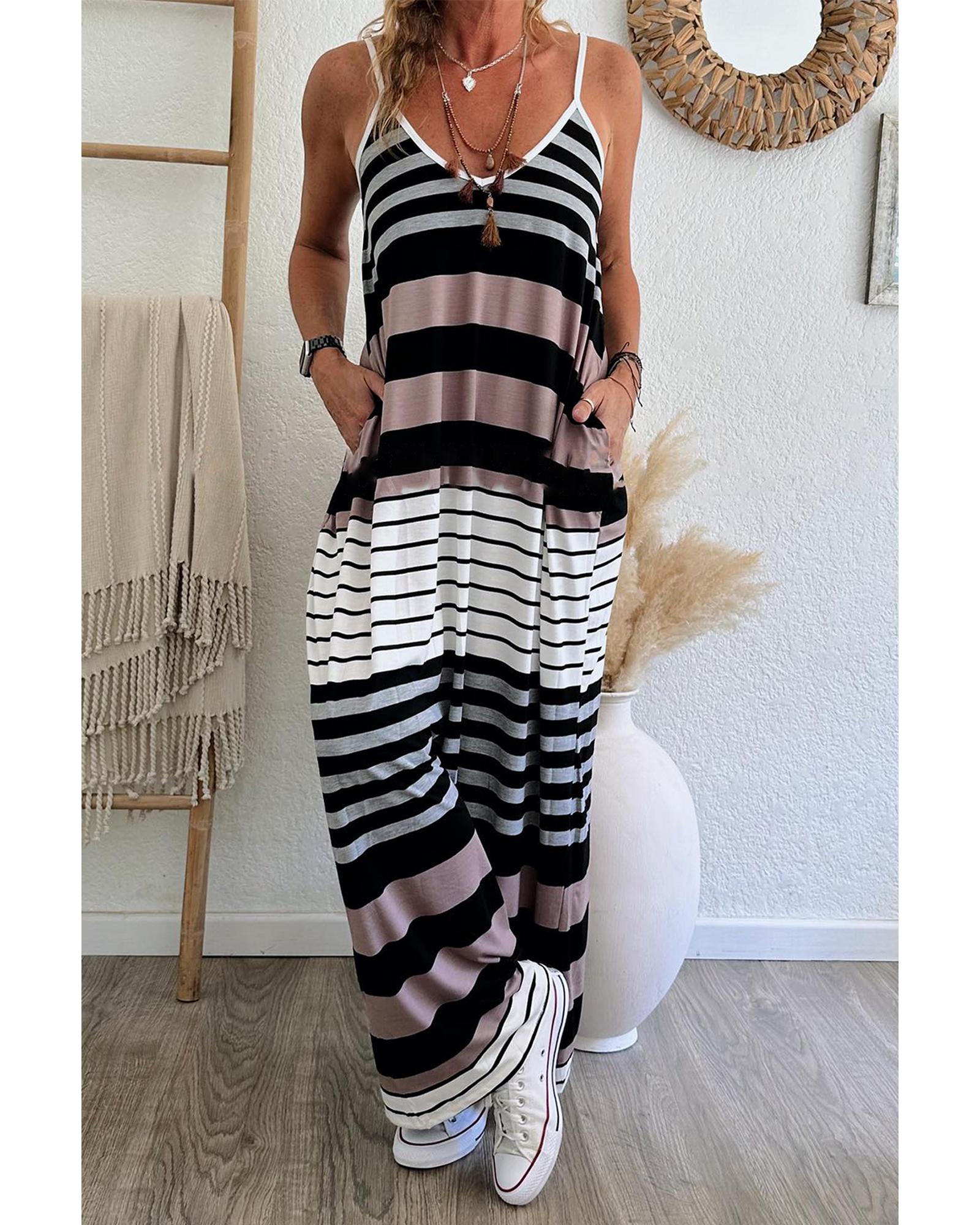 V539-AZEXDC6120606-P22-S-202506141920-00 Multicolour Mixed Stripes Spaghetti Straps V Neck Maxi Dress - S - Image 1