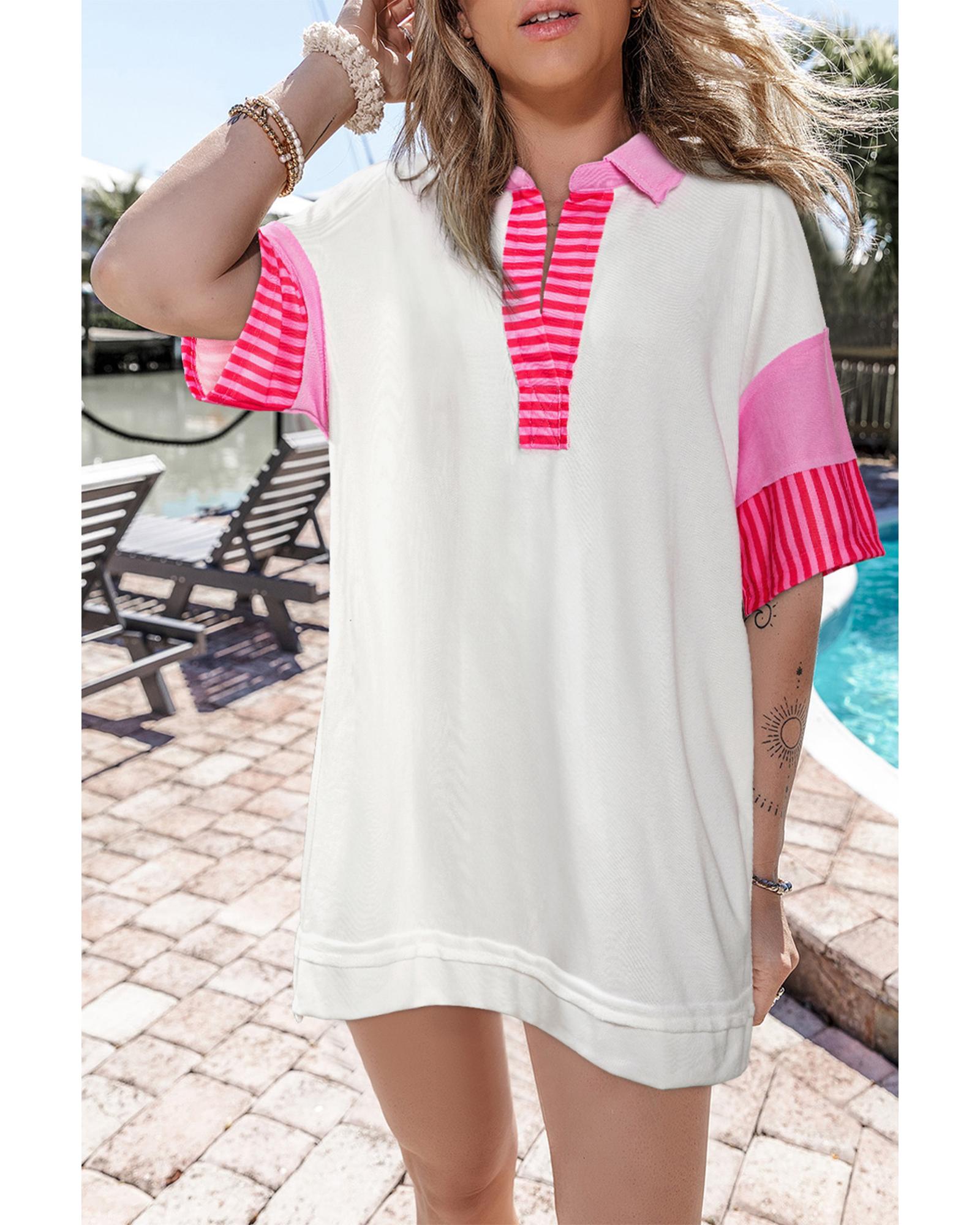 V539-AZEXDC6120817-P1-M-202508291335-00 White Stripe Colorblock Patchwork Short Sleeve T Shirt Dress - M - Image 1