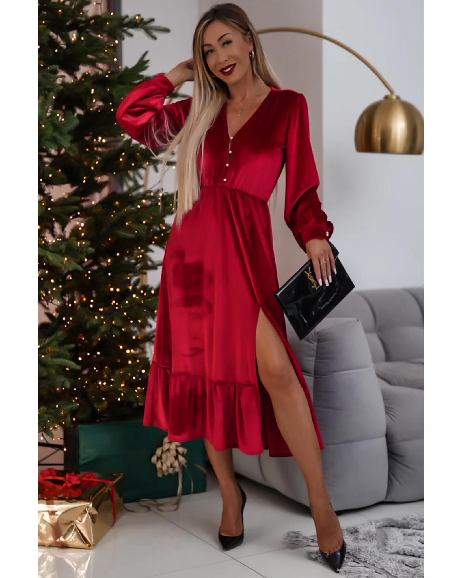 V539-AZEXDC6121352-P603-L-202508291655-00 Racing Red Velvet Buttoned Puff Sleeve V Neck Split Midi Dress - L - Image 1