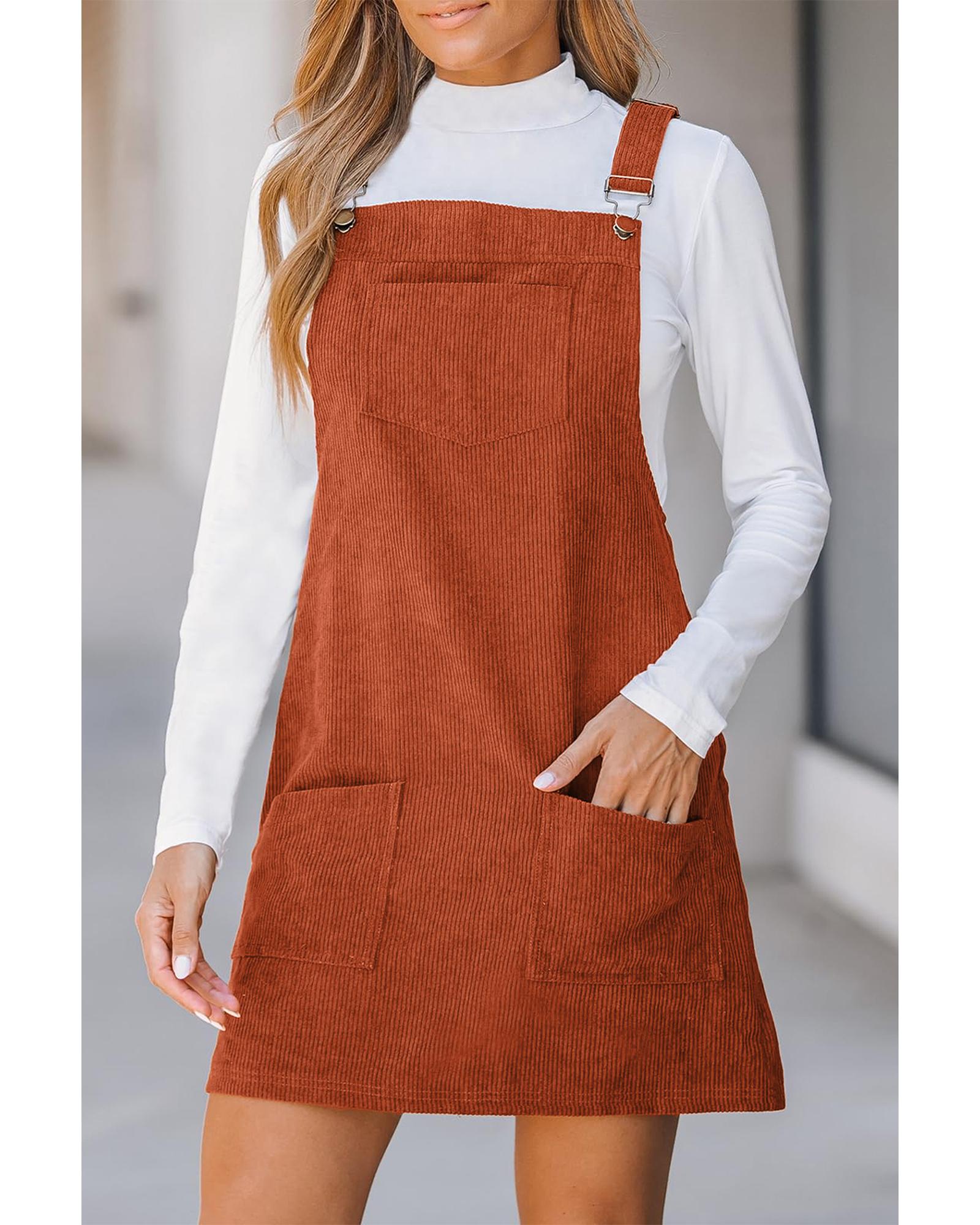 V539-AZEXDC6121362-P1317-XL-202508281825-00 Cinnamon Solid Front Pockets Sleeveless Corduroy Overall Dress - XL - Image 1